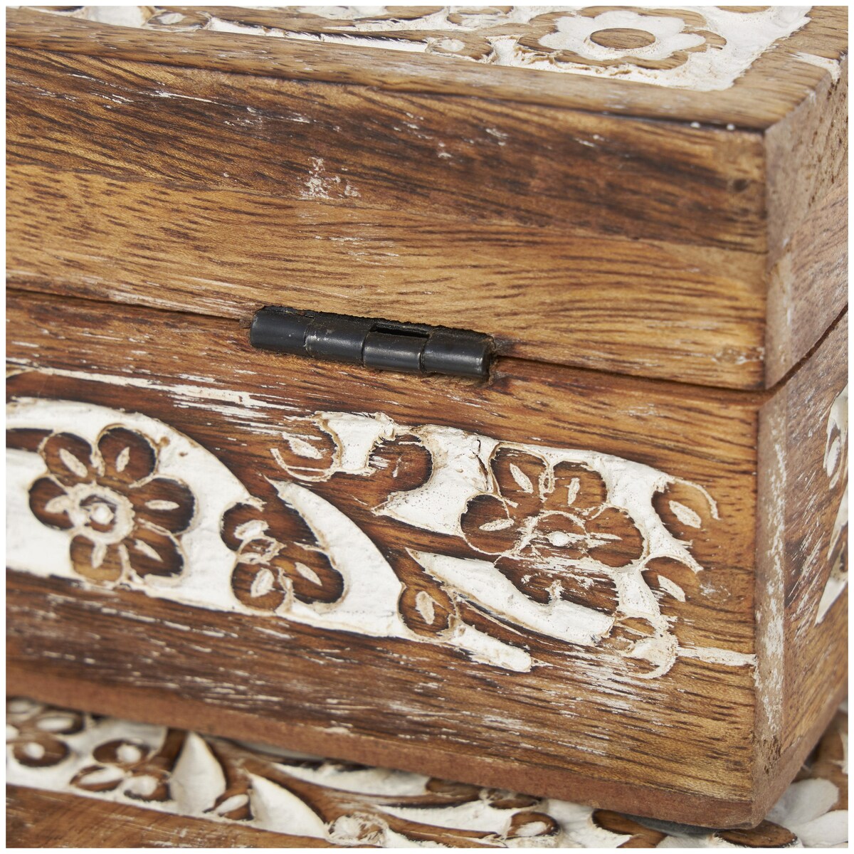 Mango Wood Floral Handmade Decorative Box with Hinged Lid - Set of 3 Brown or White - Roche River Decor