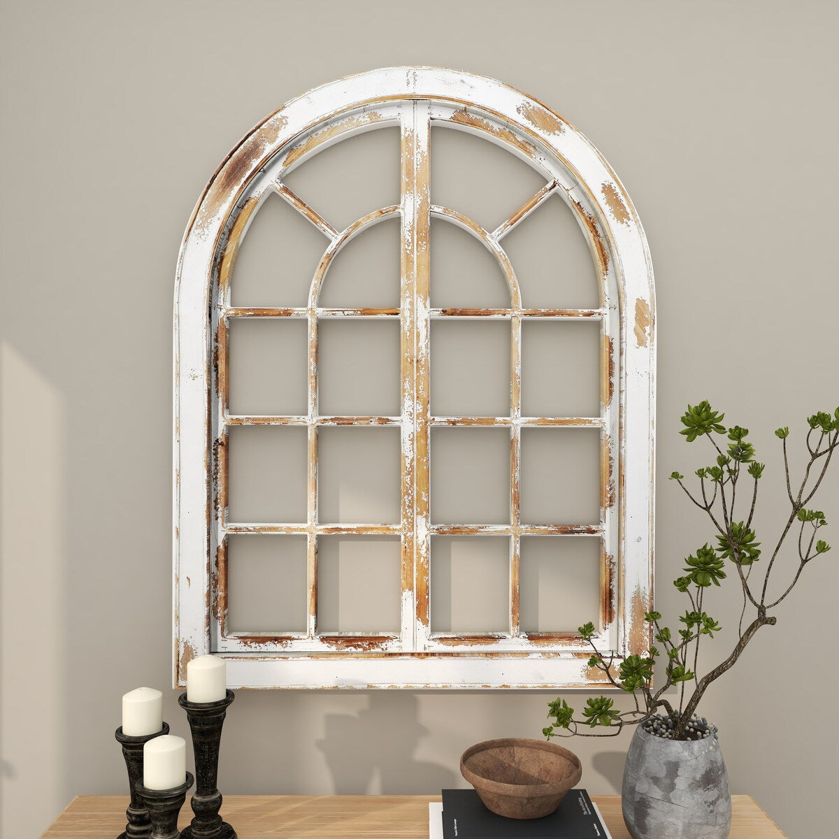 Wood Abstract Arched Vintage Window Pane Home Wall Decor with Brown Distressing - White - Roche River Decor