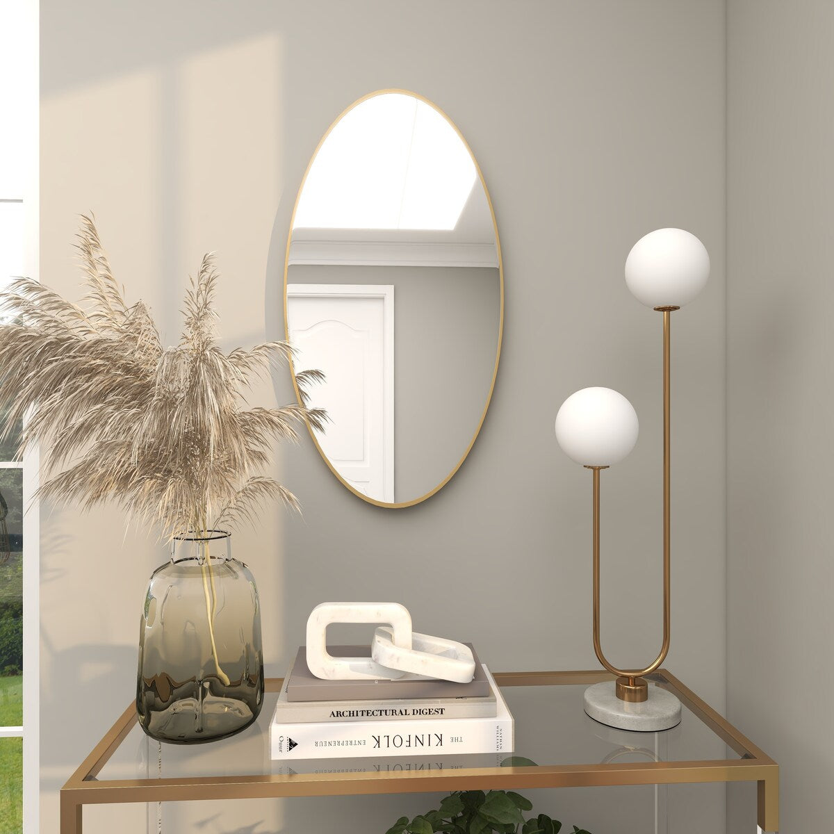 Wood Oval Room Wall Mirror with Thin Minimalistic Frame - Black, Gold or White - Roche River Decor