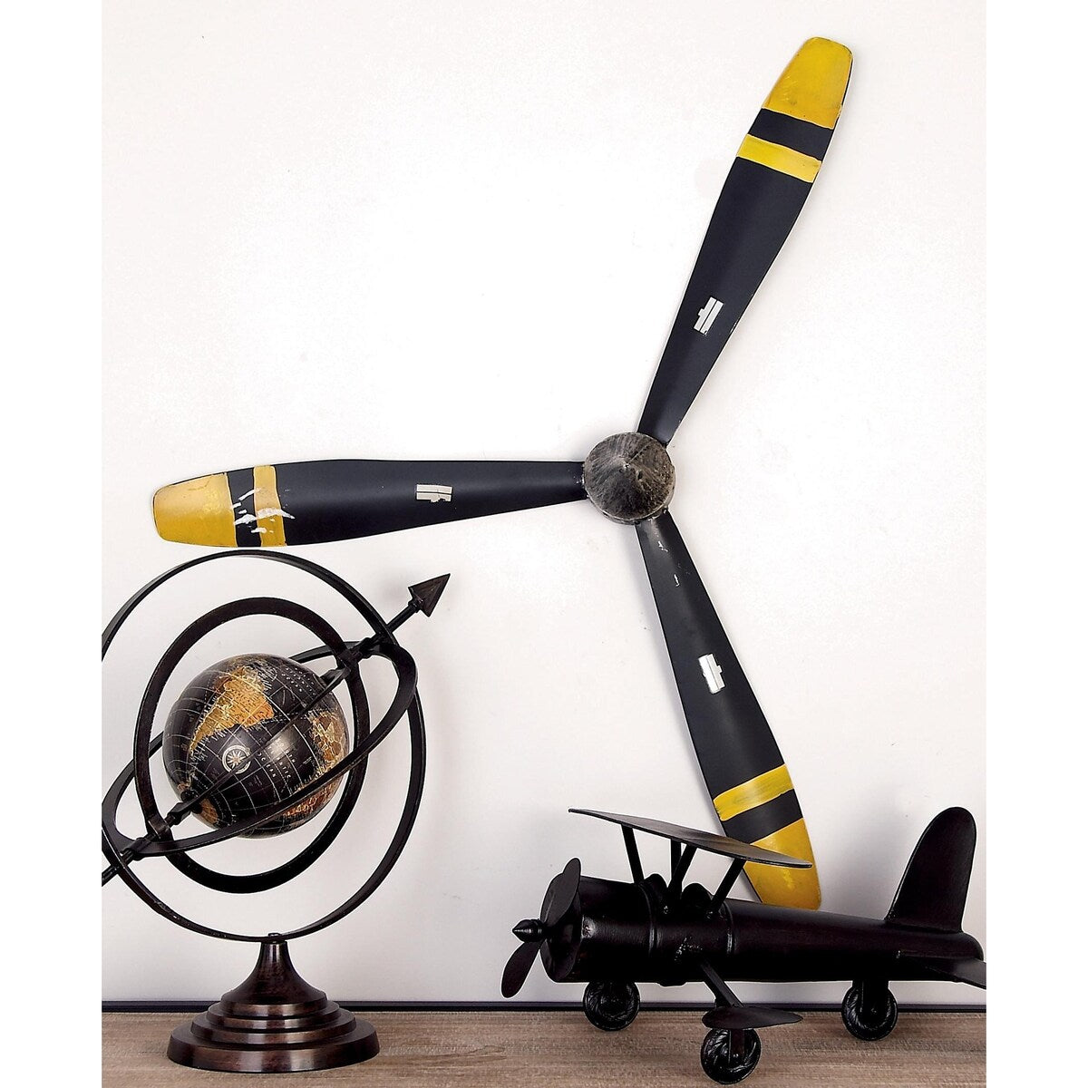 Metal Airplane Propeller 3 Blade Home Wall Decor with Aviation Detailing - Black - Roche River Decor