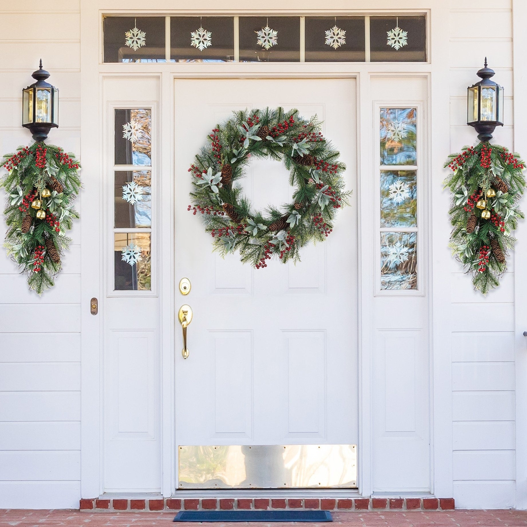 Glitzhome Christmas Berry Pinecone & Bell Teardrop Wreath Door Hanging Decor