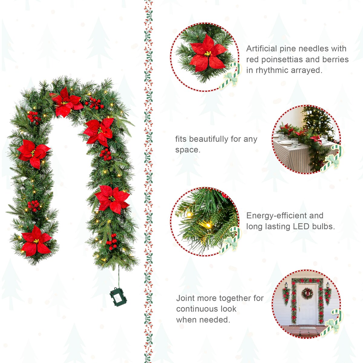 Glitzhome Set of 2 6ft Pre-Lit Flocked Greenery Pine White Poinsettia Christmas Garland