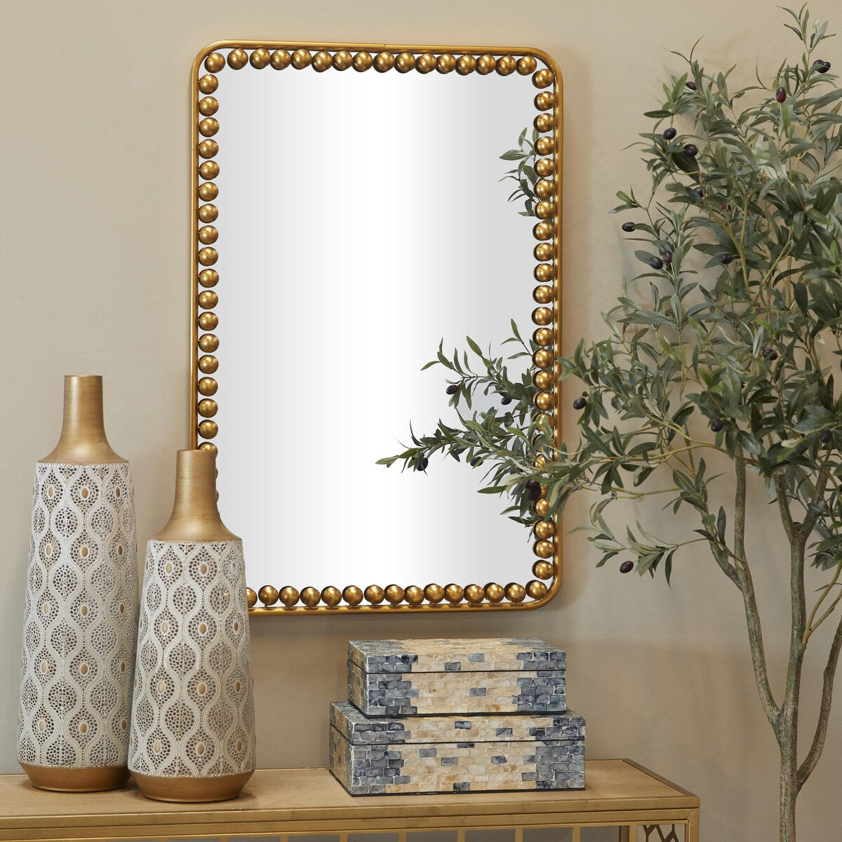 Metal Room Wall Mirror with Beaded Detailing - Gold - Roche River Decor