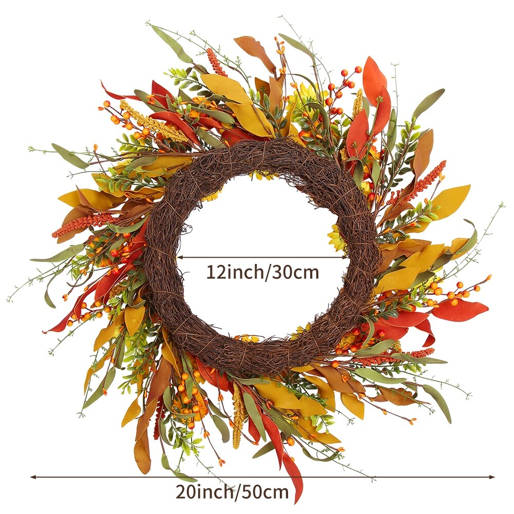 20 Artificial Fall Wreath for Front Door,Orange Daisy Autumn Wreath with Colorful Wildflowers and Autumn Foliage