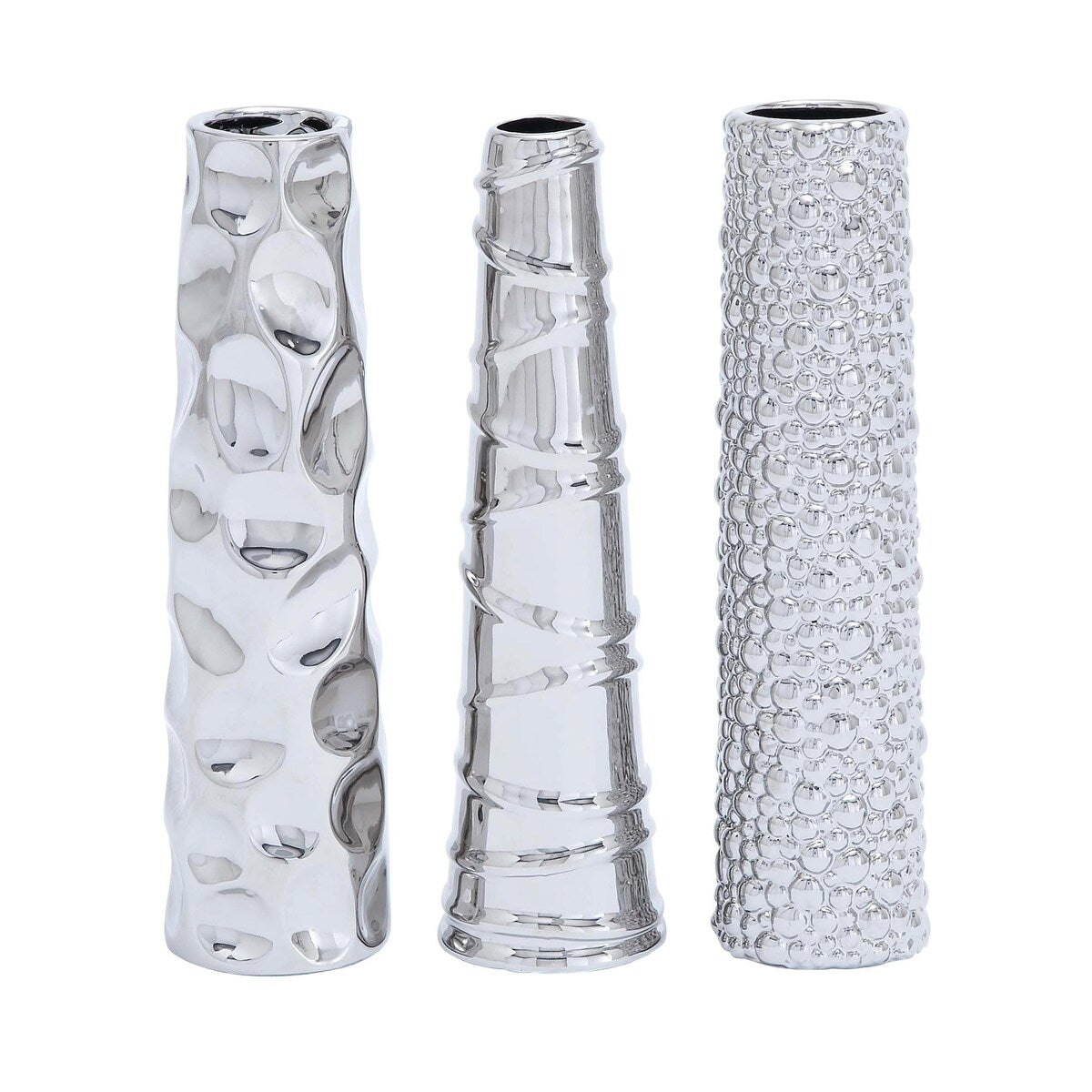 Ceramic Slim Cone Shaped Decorative Vase with Varying Textures - Set of 3 Silver - Roche River Decor