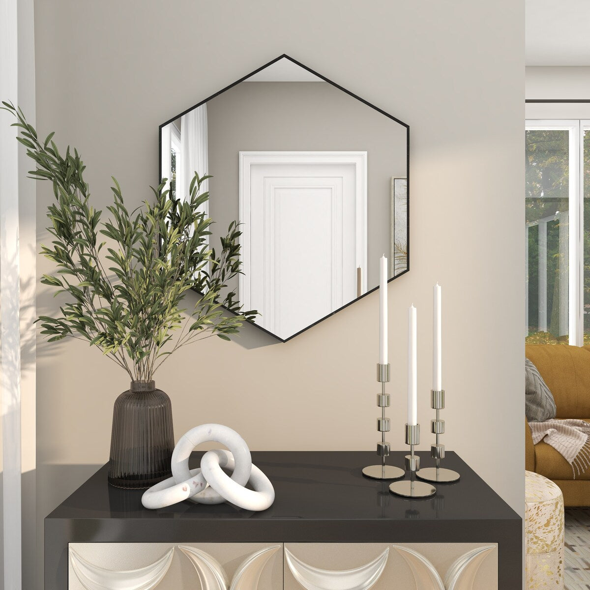 Wooden Hexagon Room Wall Mirror with Thin Minimalistic Frame - Black or Gold - CosmoLiving by Cosmopolitan