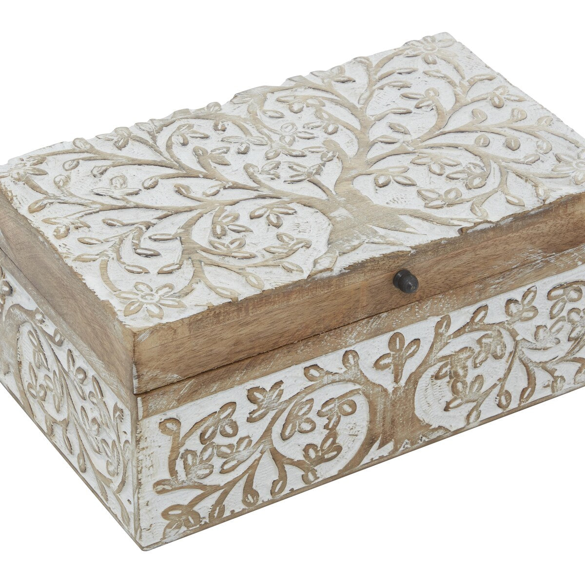 Mango Wood Floral Handmade Decorative Box with Hinged Lid - Set of 3 Brown or White - Roche River Decor