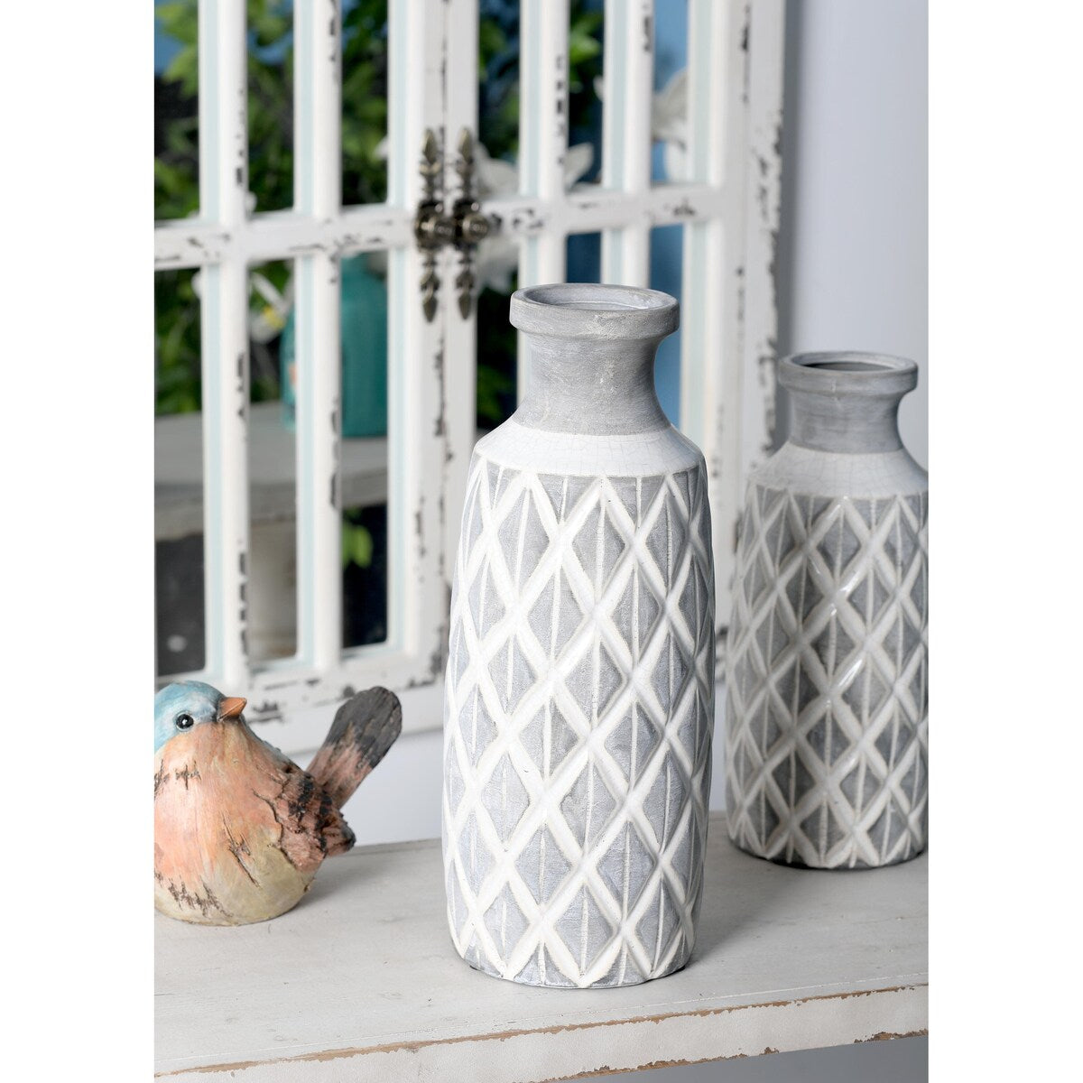 Ceramic Decorative Vase with Diamond Pattern - Gray - Roche River Decor