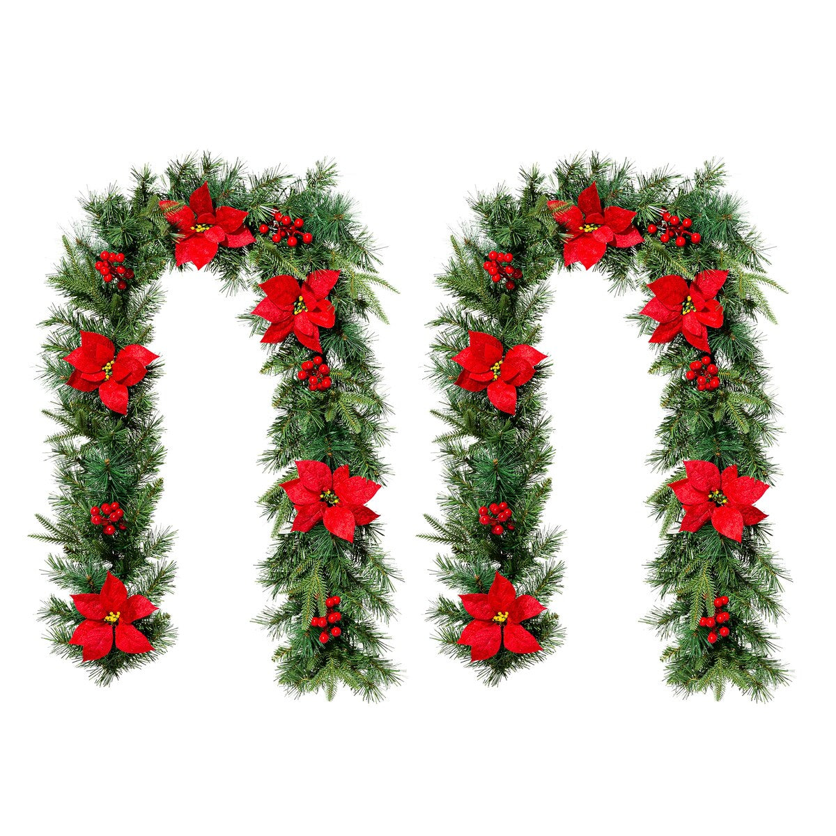 Glitzhome Set of 2 6ft Pre-Lit Flocked Greenery Pine White Poinsettia Christmas Garland