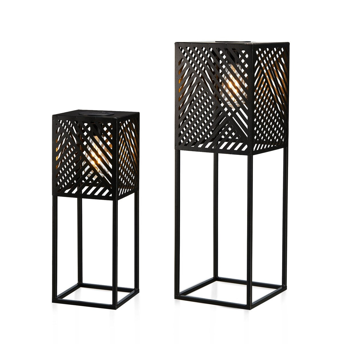 Glitzhome 24H Set of 2 Outdoor Geometric Black Metal Solar Standing Lantern with Bulb