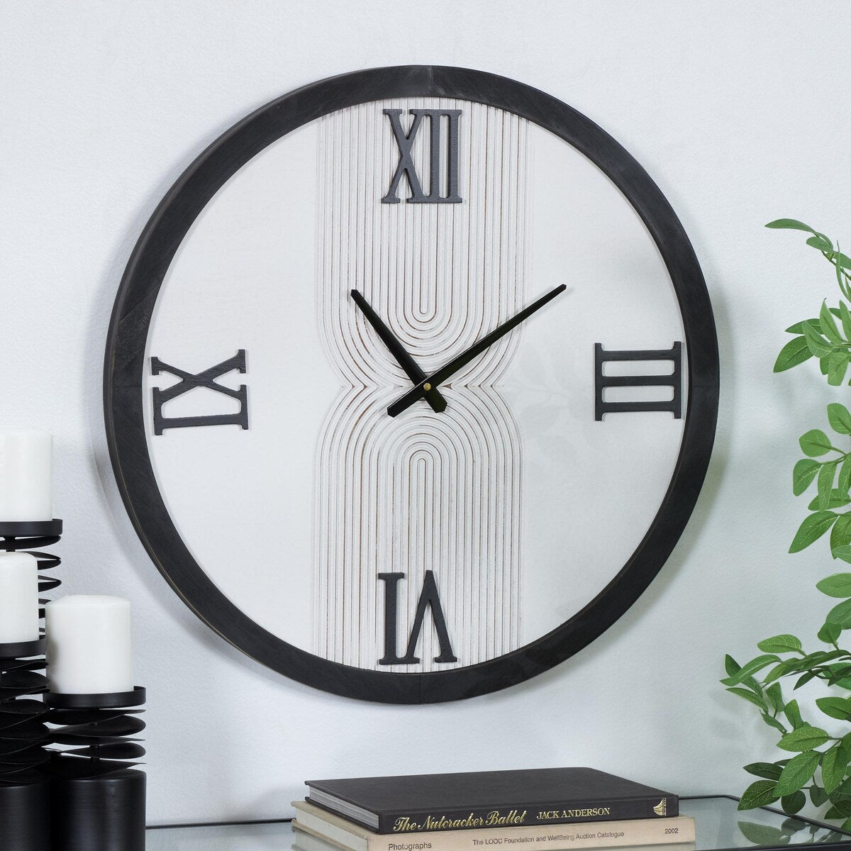 Wood Geometric Art Deco Inspired Line Art Decorative Wall Clock with Black Accents - White - The Novogratz