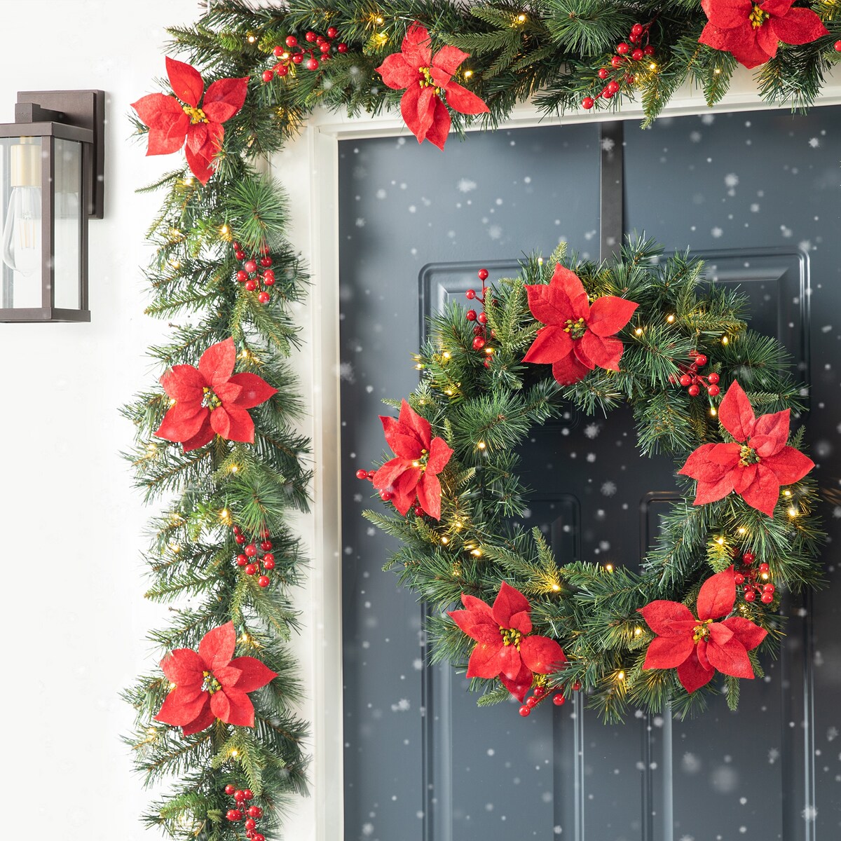 Glitzhome Set of 2 6ft Pre-Lit Flocked Greenery Pine White Poinsettia Christmas Garland