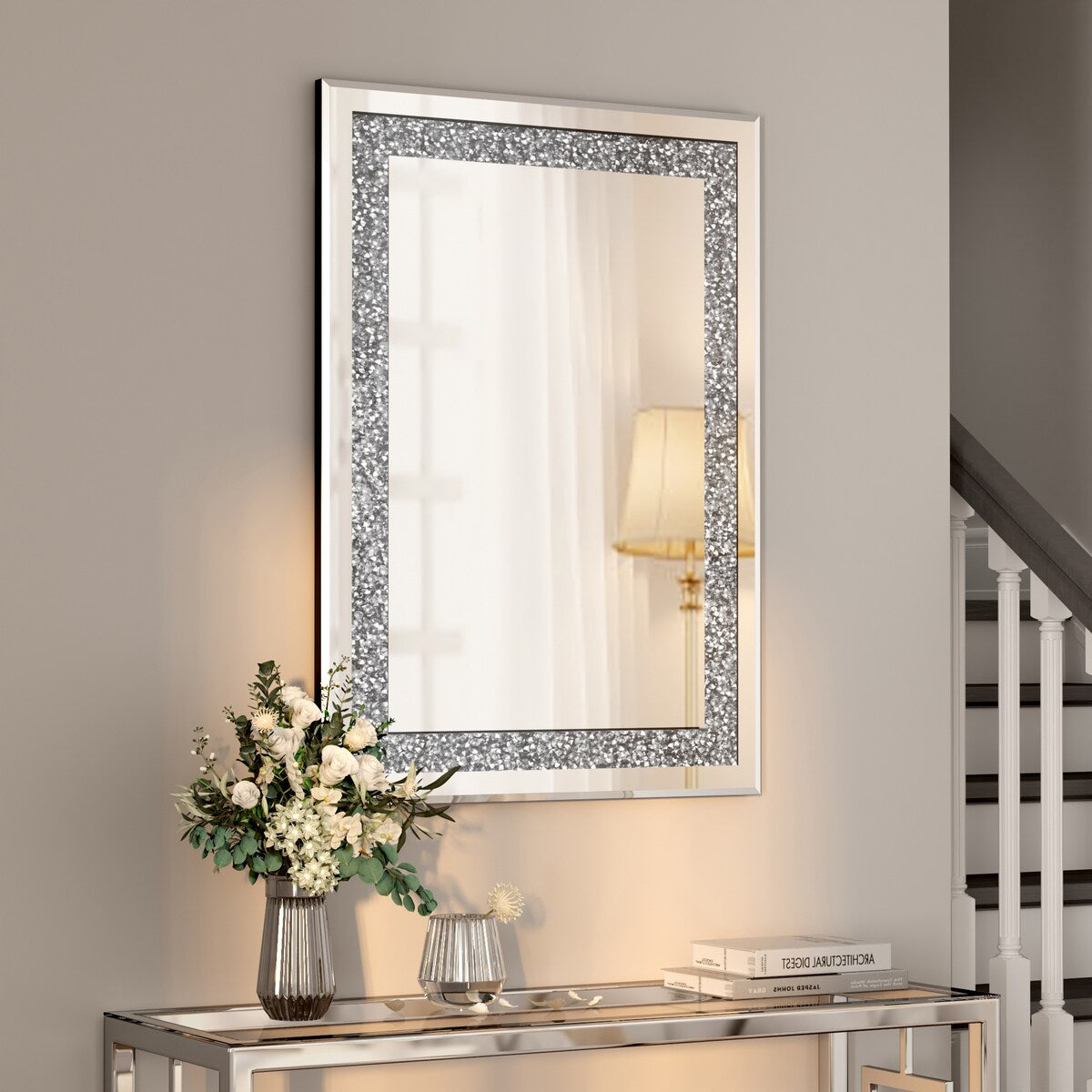 KOHROS Silver Rectangle Crystal Decorative Wall Mirror