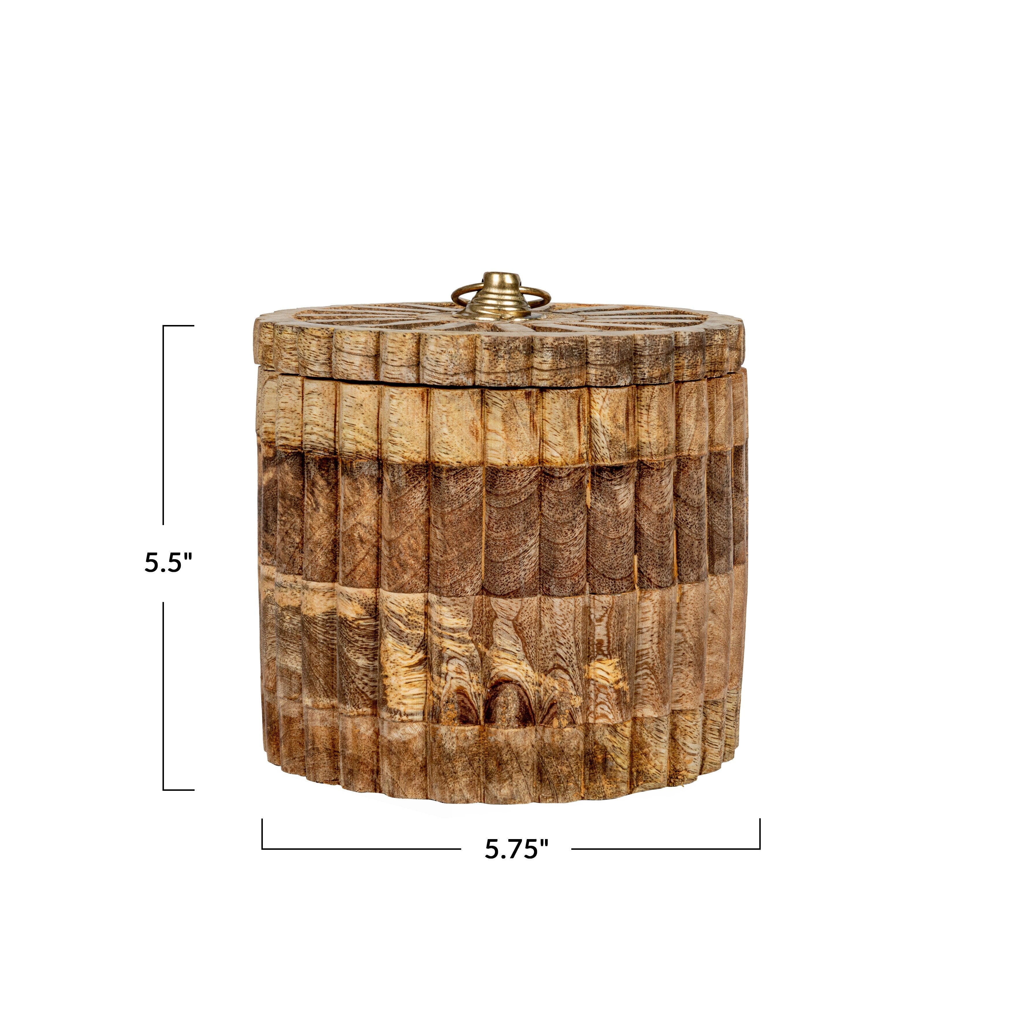 Carved Mango Wood Pleated Box with Lid and Pull - 5.8L x 5.8W x 5.5H - 5.8L x 5.8W x 5.5H