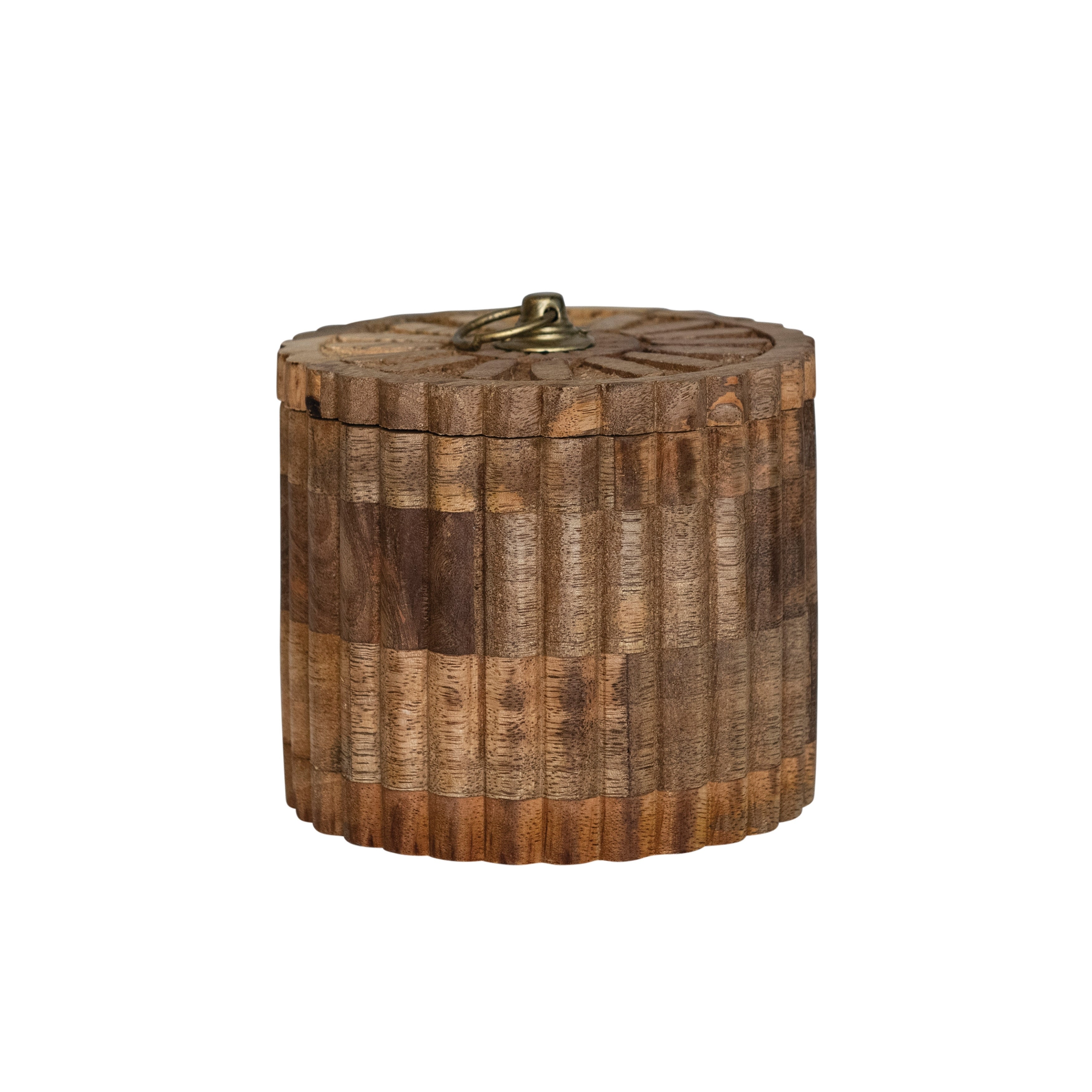 Carved Mango Wood Pleated Box with Lid and Pull - 5.8L x 5.8W x 5.5H - 5.8L x 5.8W x 5.5H