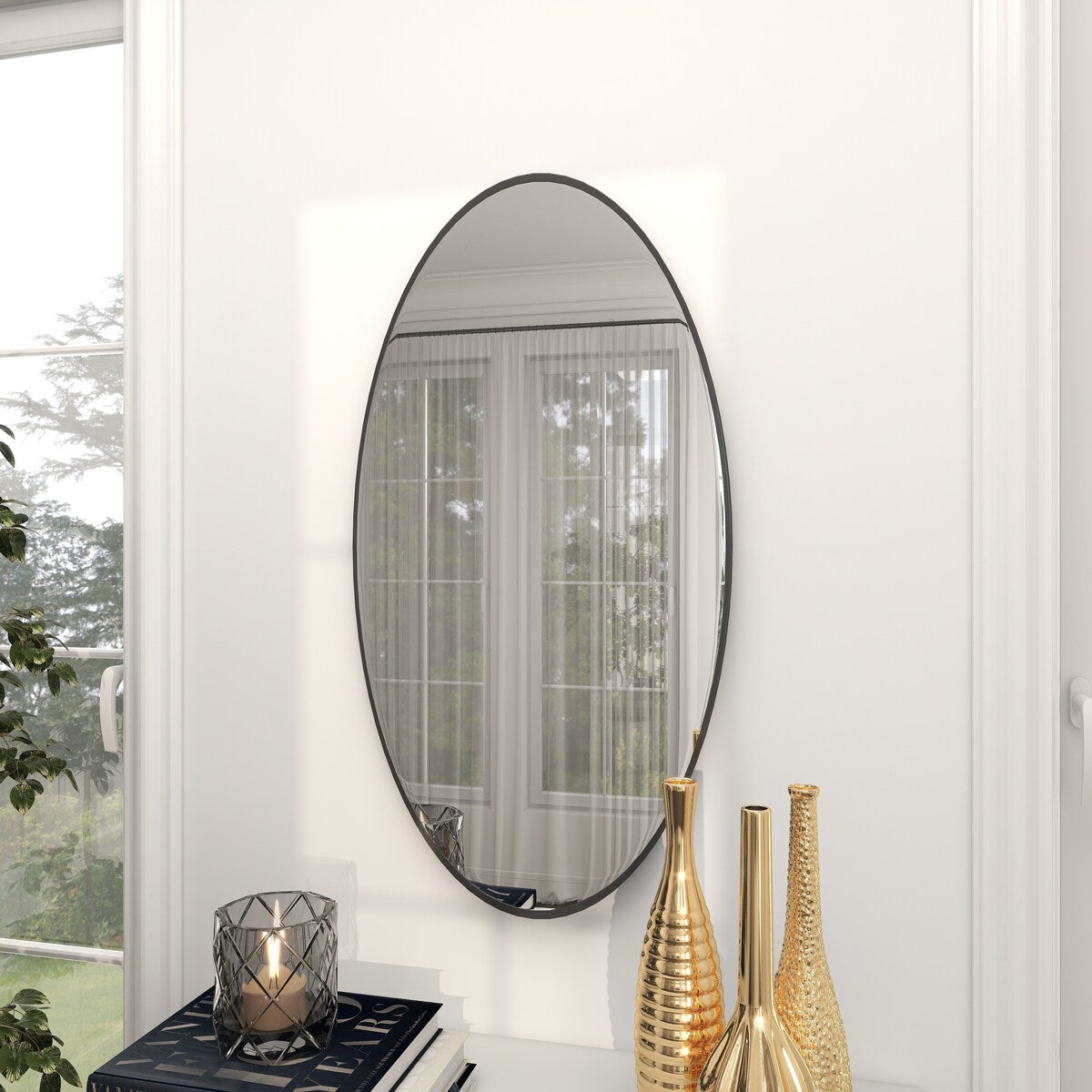 Wood Oval Room Wall Mirror with Thin Minimalistic Frame - Black, Gold or White - Roche River Decor