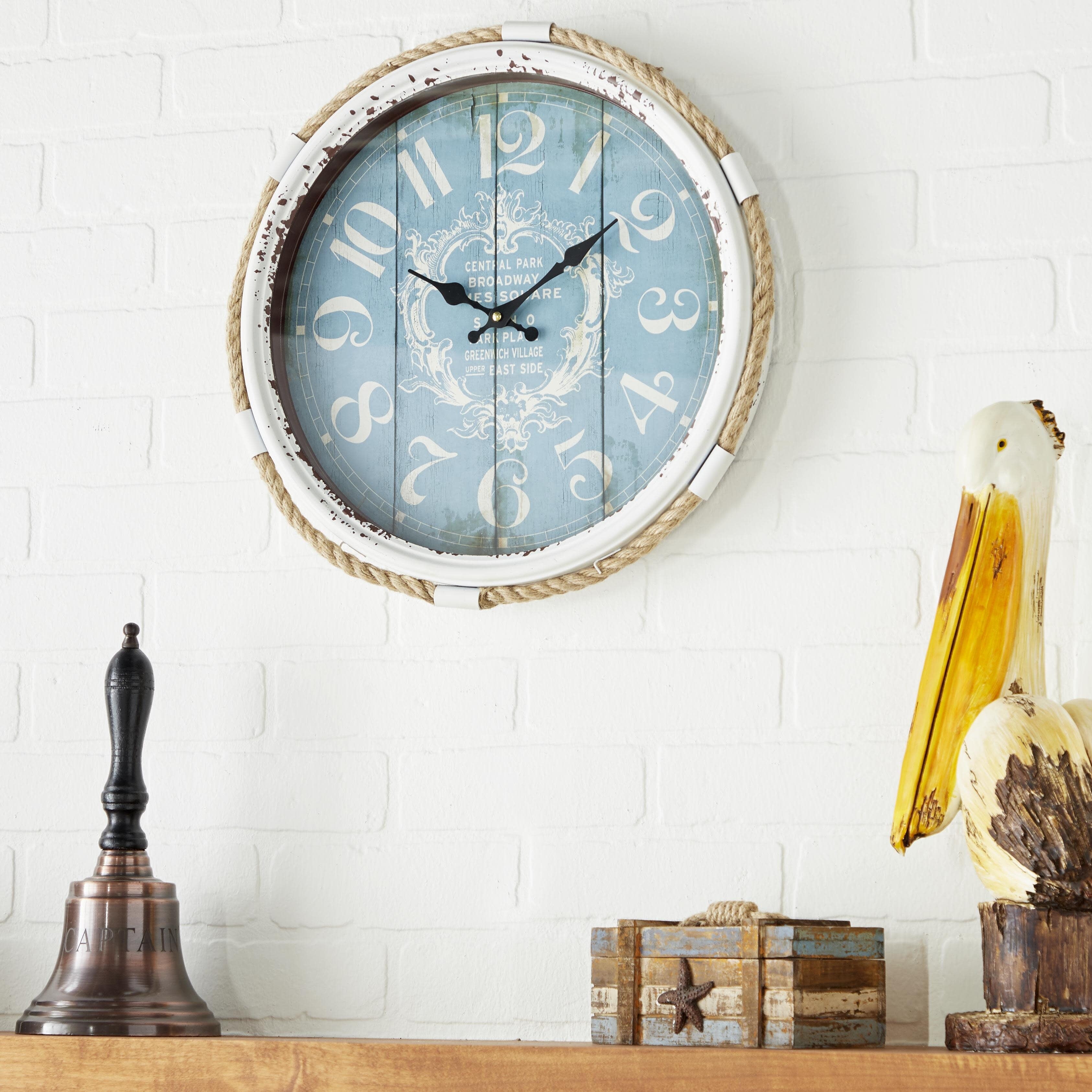 Metal Scroll Decorative Wall Clock with Distressed Frame and Rope Accent - Blue or White - Roche River Decor