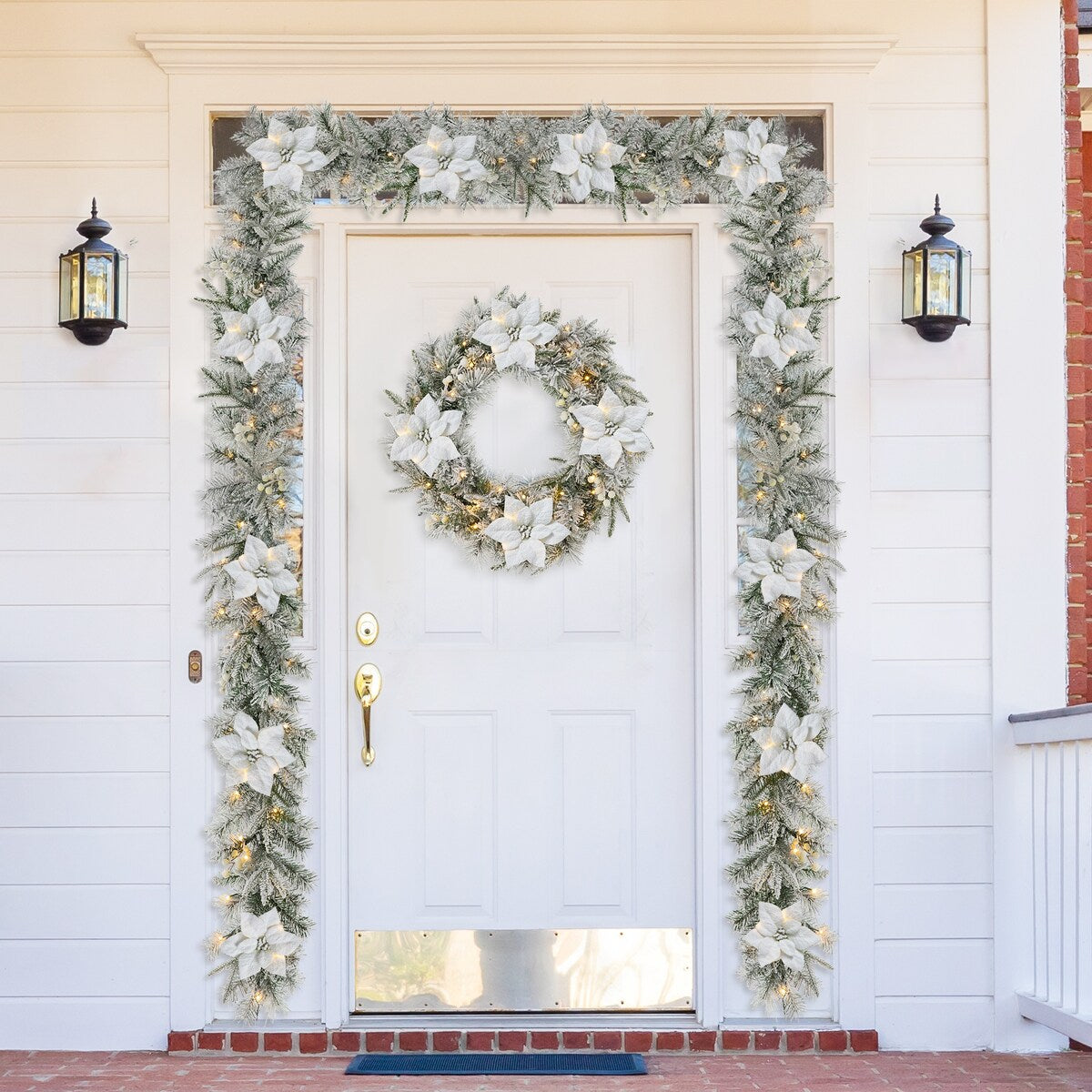 Glitzhome Set of 2 6ft Pre-Lit Flocked Greenery Pine White Poinsettia Christmas Garland