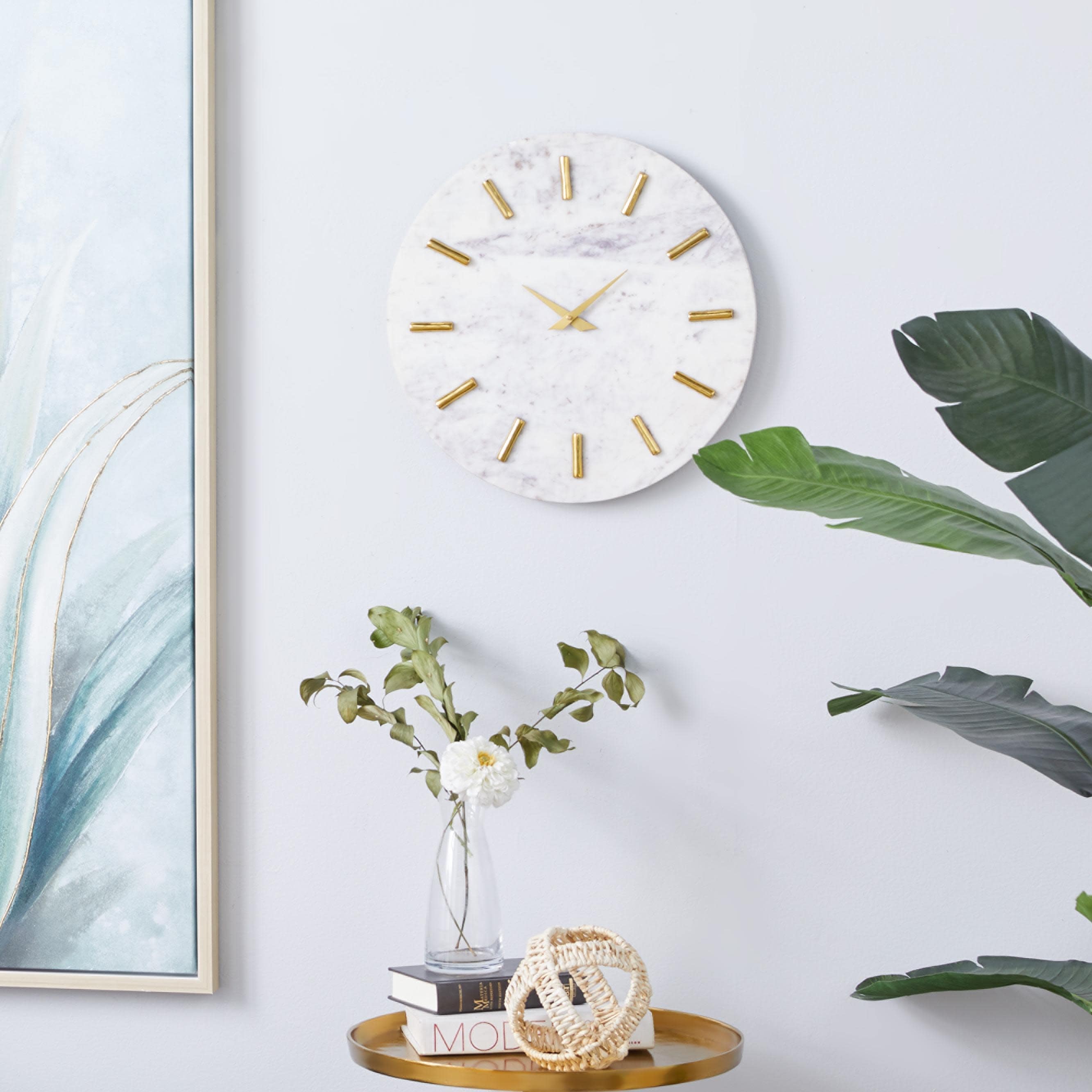 Marble Decorative Wall Clock with Gold Metal Accents - White - CosmoLiving by Cosmopolitan