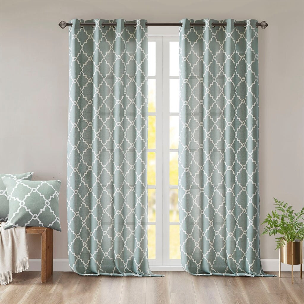 Cotton Blend Curtain Panel Pair, Scroll Geometric Print Grommet Curtain Panel Machine Washable - 63/84/95/108