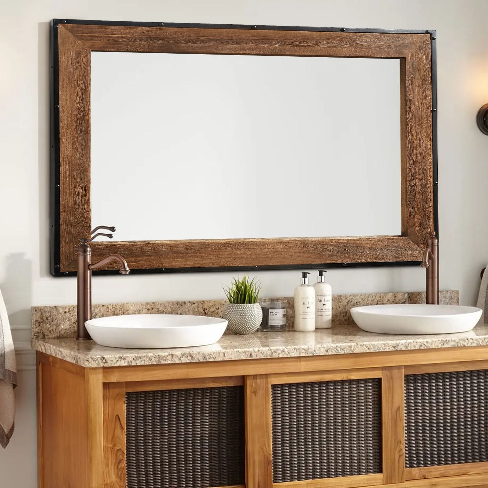 Rustic Natural Wood and Iron Framed Wall Vanity Mirror