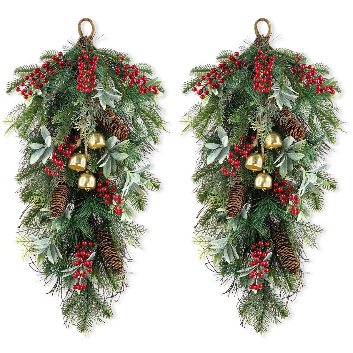 Glitzhome Christmas Berry Pinecone & Bell Teardrop Wreath Door Hanging Decor