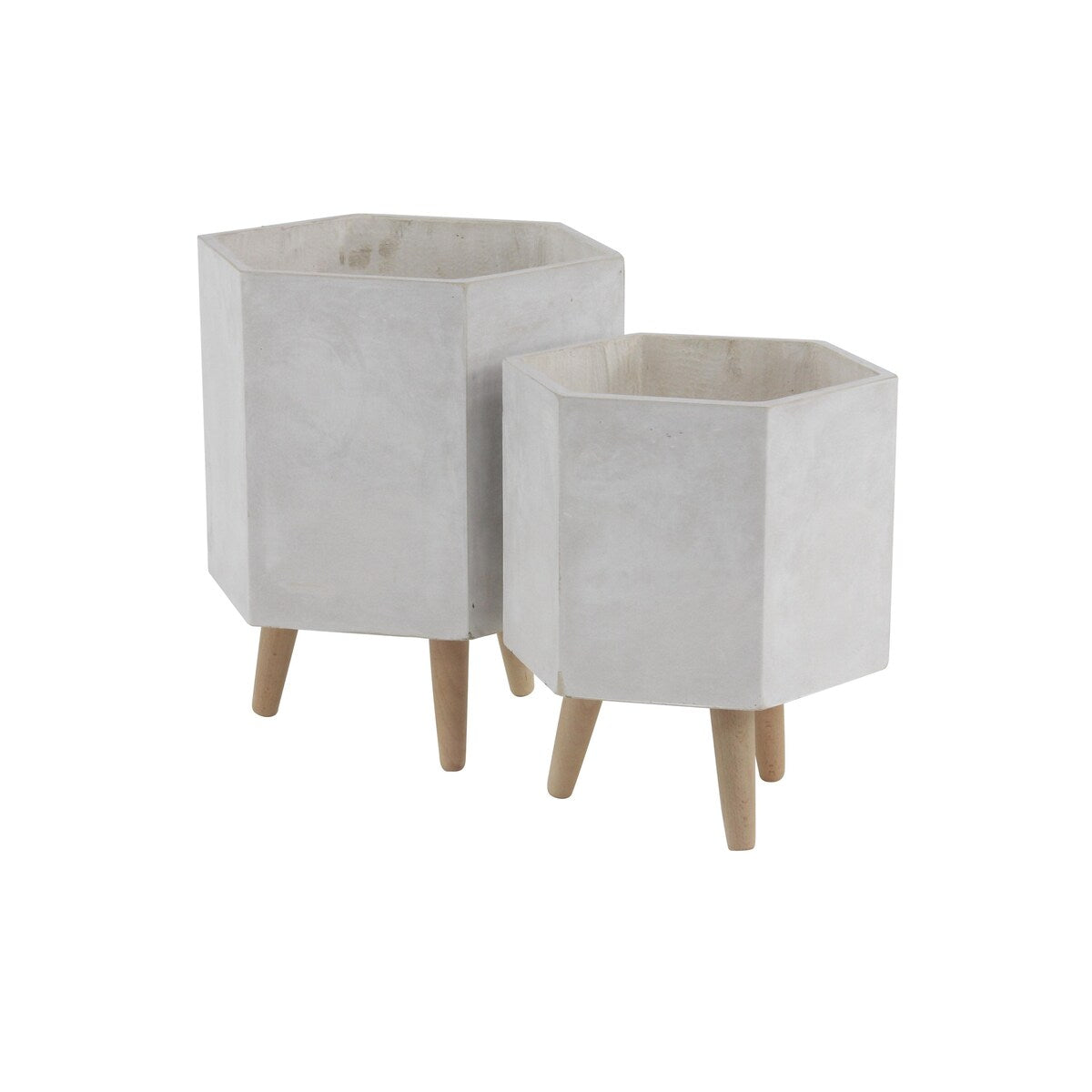 Magnesium Oxide Geometric Hexagon Indoor Outdoor Planter with Brown Wooden Legs - Set of 2 White - CosmoLiving by Cosmopolitan