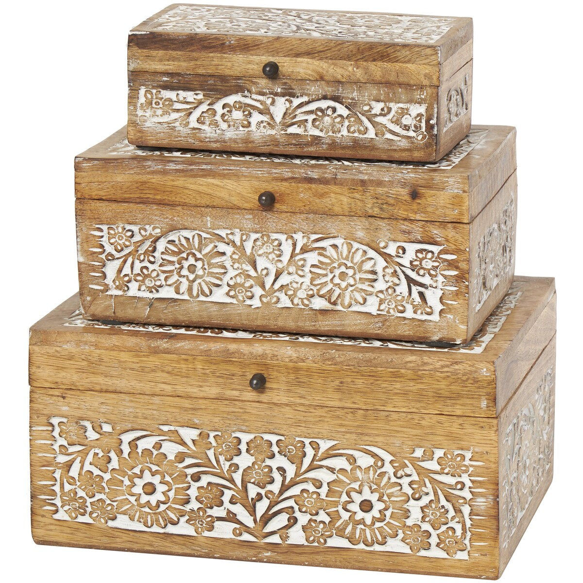 Mango Wood Floral Handmade Decorative Box with Hinged Lid - Set of 3 Brown or White - Roche River Decor