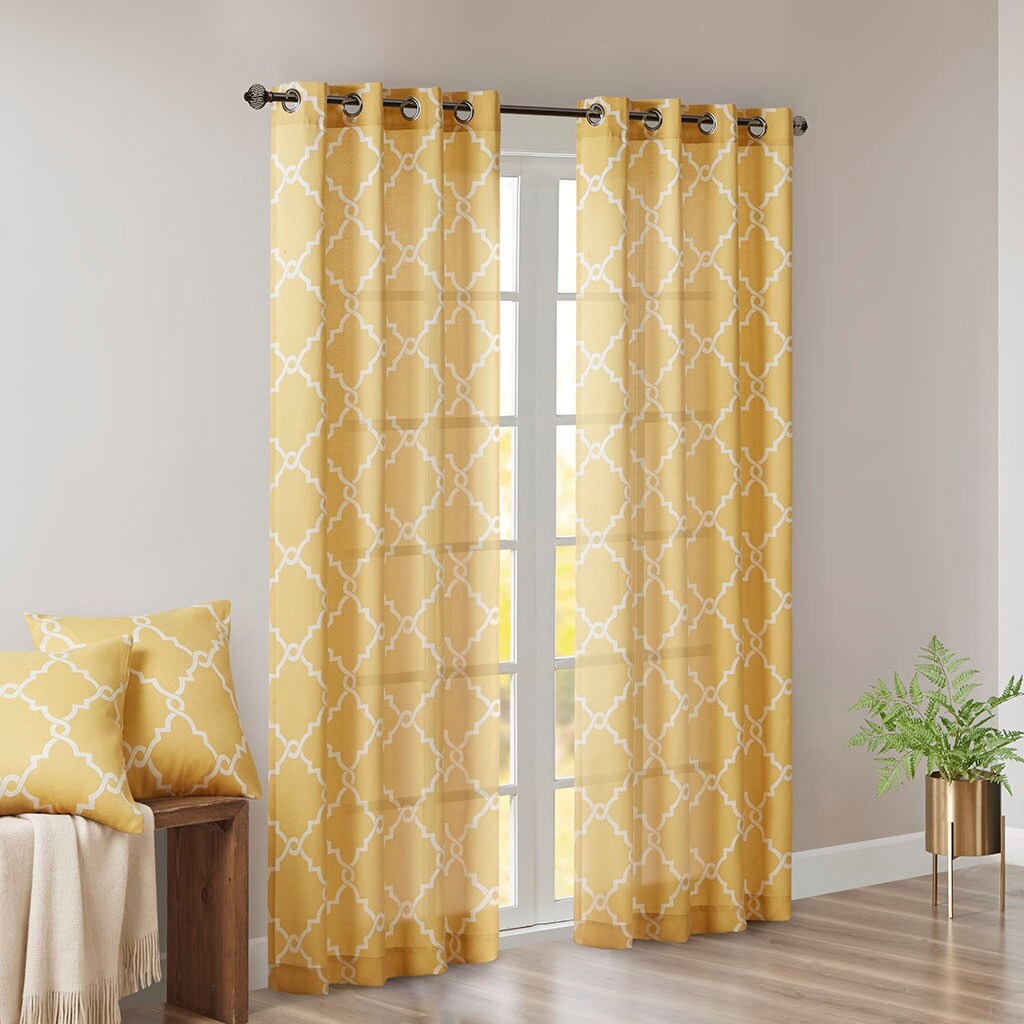 Cotton Blend Curtain Panel Pair, Scroll Geometric Print Grommet Curtain Panel Machine Washable - 63/84/95/108