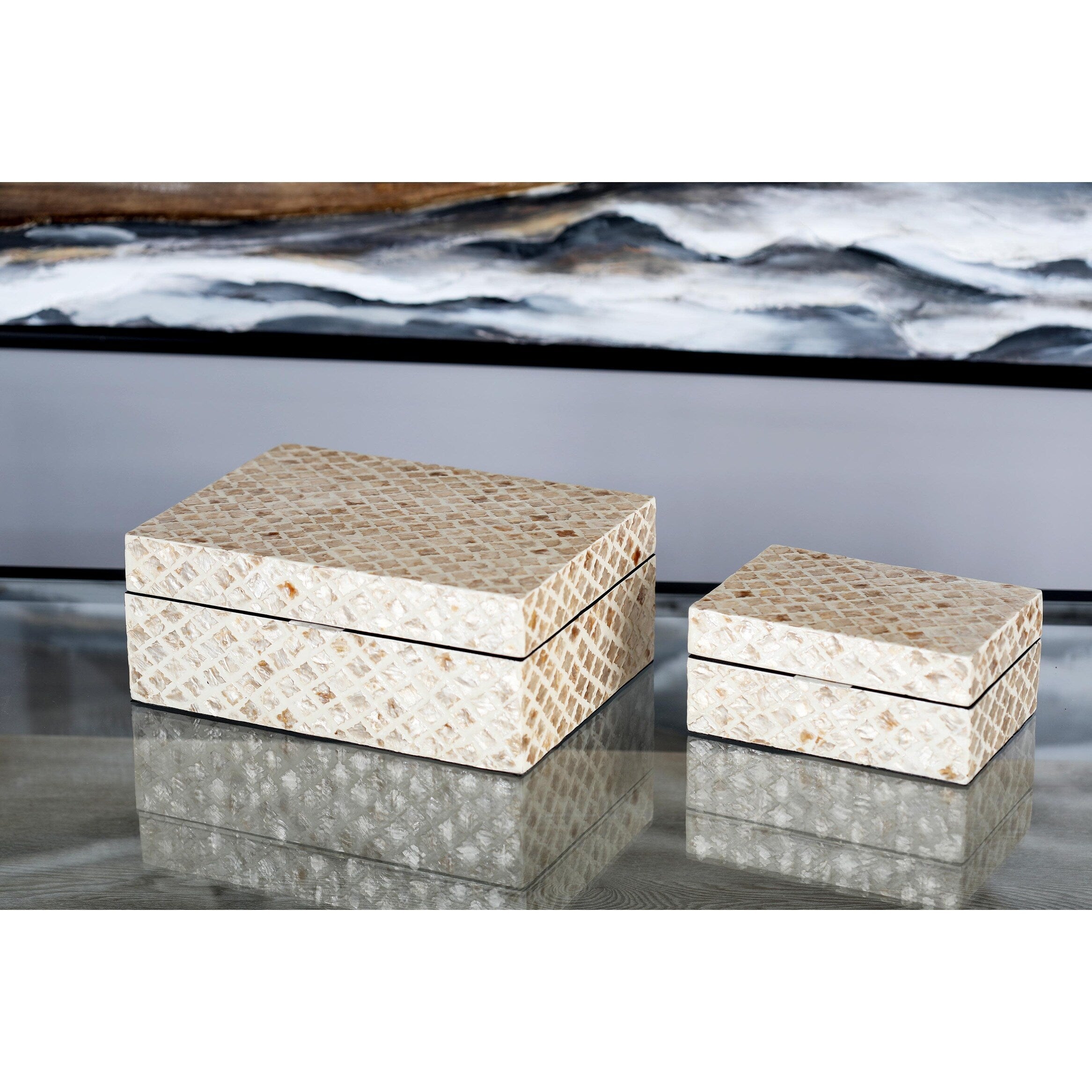 Mother of Pearl Shell Handmade Decorative Box - Set of 2 Beige, Black, Cream, White, Blue, Light Blue - Roche River Decor