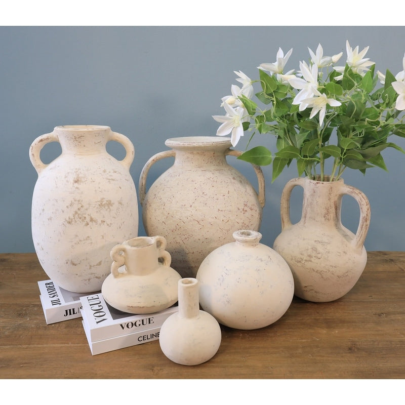 16 high terracota vase with two handles distressed white