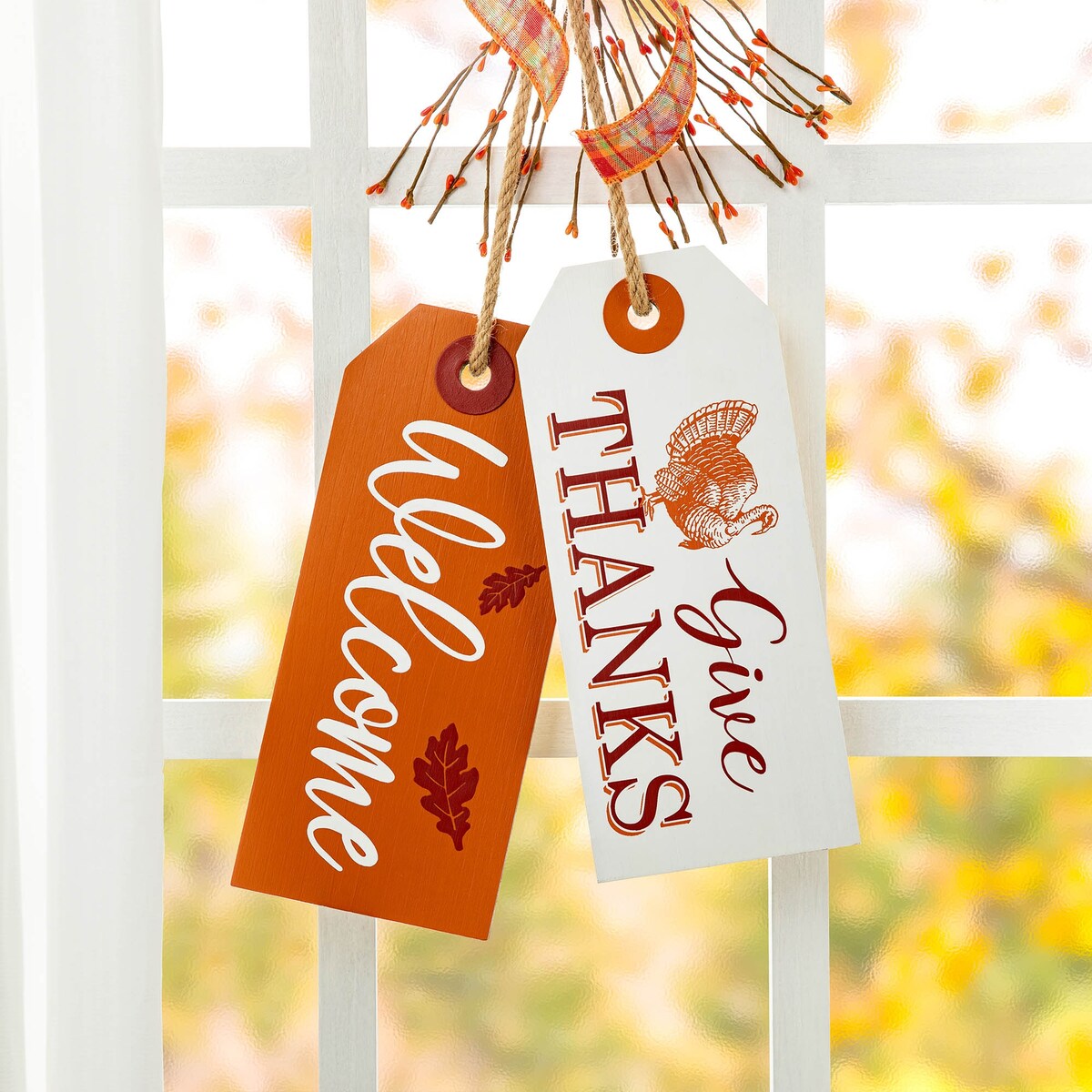 Glitzhome 24H Hello Fall or Give Thanks Welcome Fall Wooden Door Hanger Thanksgiving Decor