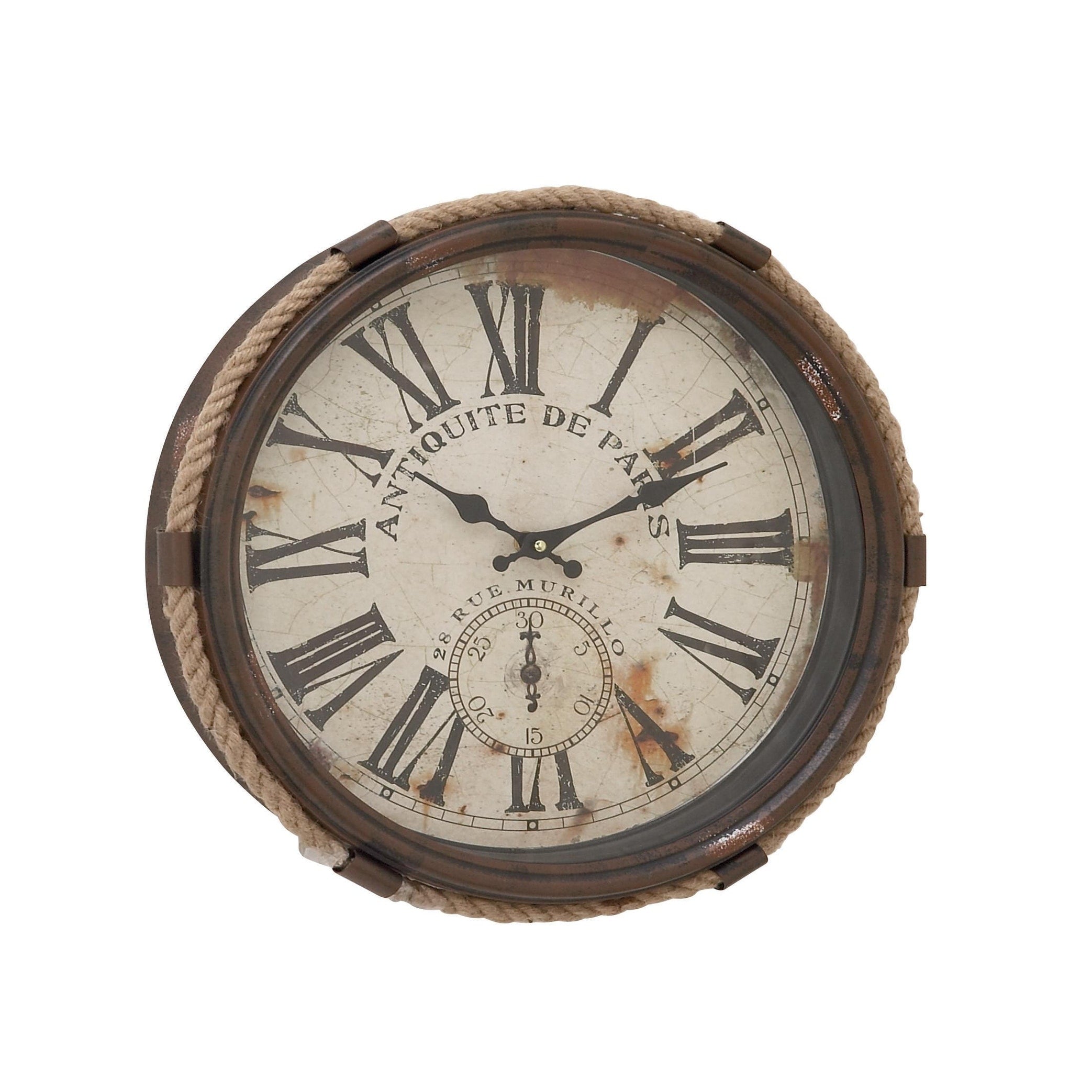 Metal Scroll Decorative Wall Clock with Distressed Frame and Rope Accent - Blue or White - Roche River Decor