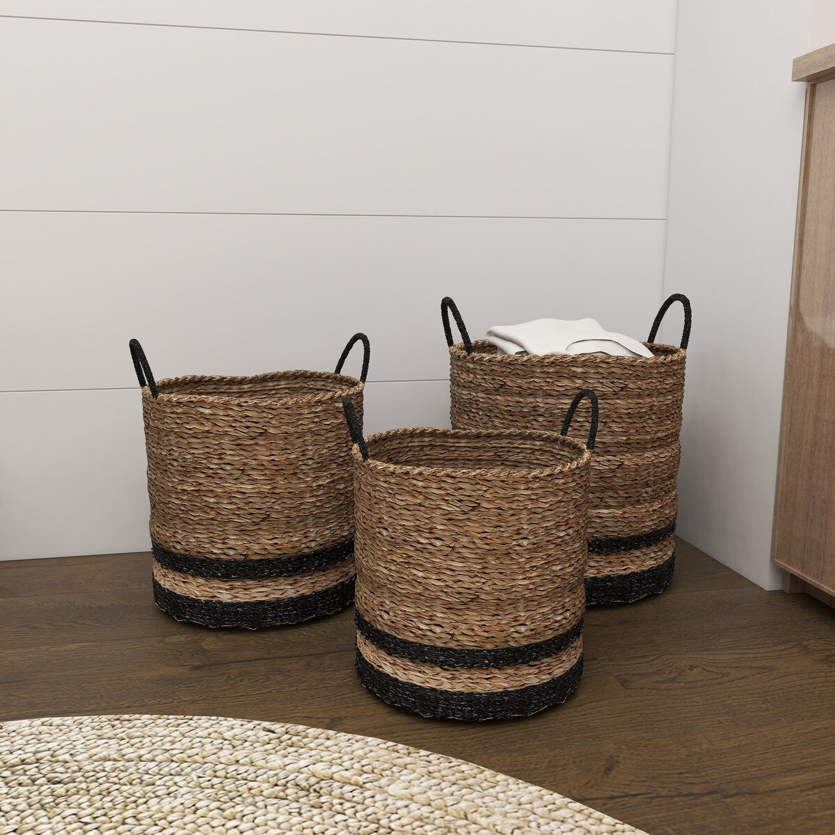 Seagrass Handmade Two-Toned Brown Decorative and Functional Storage Basket with Handles - Set of 3 Black - Roche River Decor