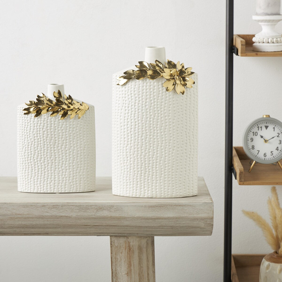 Ceramic Decorative Vase with Abstract Spotted Pattern and Gold Leaf Accents - Set of 2 White - Roche River Decor