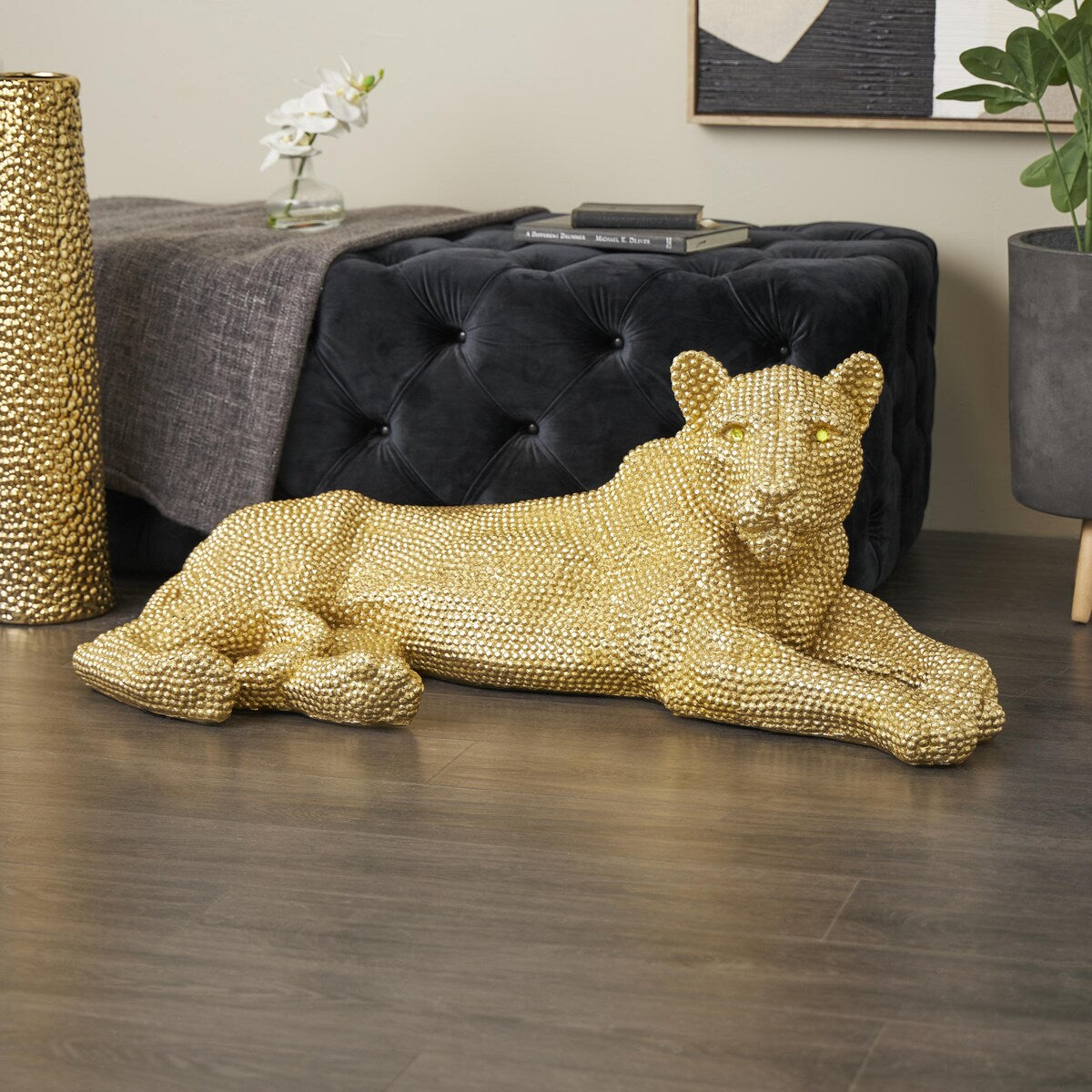 Polystone Leopard Decorative Sculpture with Carved Faceted Diamond Exterior - Black, White, Gold or Silver - Roche River Decor