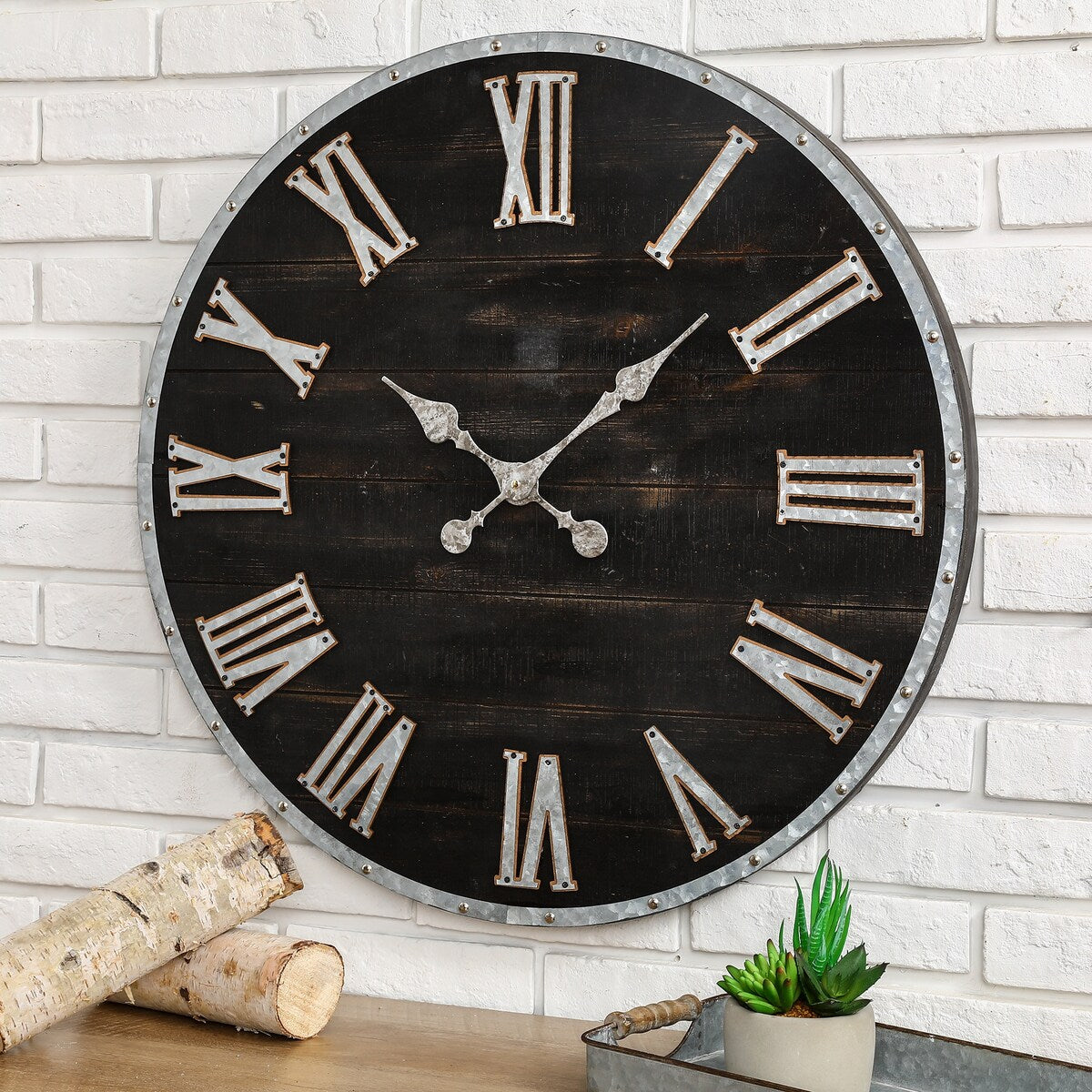 Glitzhome 28-inch Oversized Farmhouse Wooden and Galvanized Wall Clock