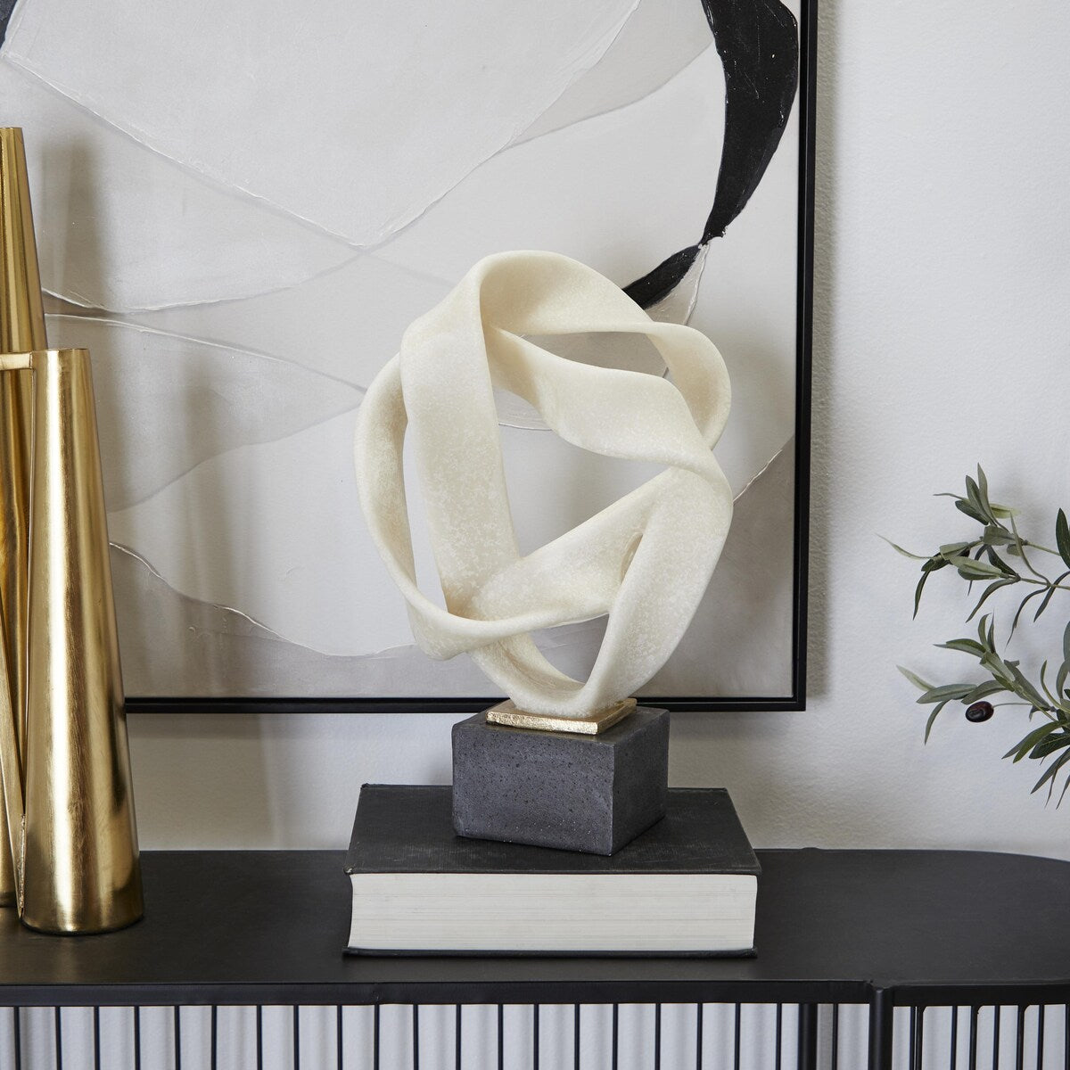 Polystone Abstract Decorative Sculpture with Black Base - White - Roche River Decor