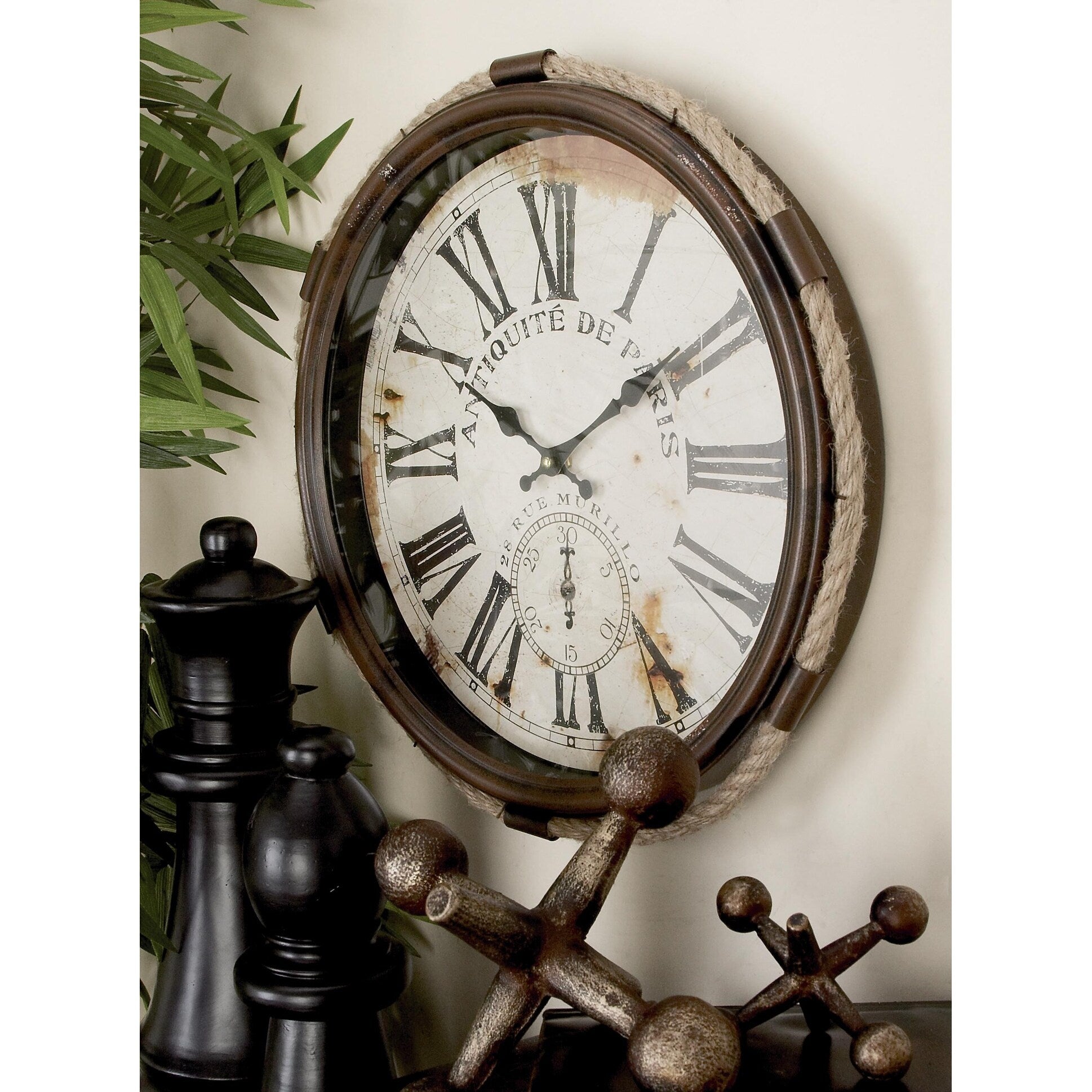 Metal Scroll Decorative Wall Clock with Distressed Frame and Rope Accent - Blue or White - Roche River Decor