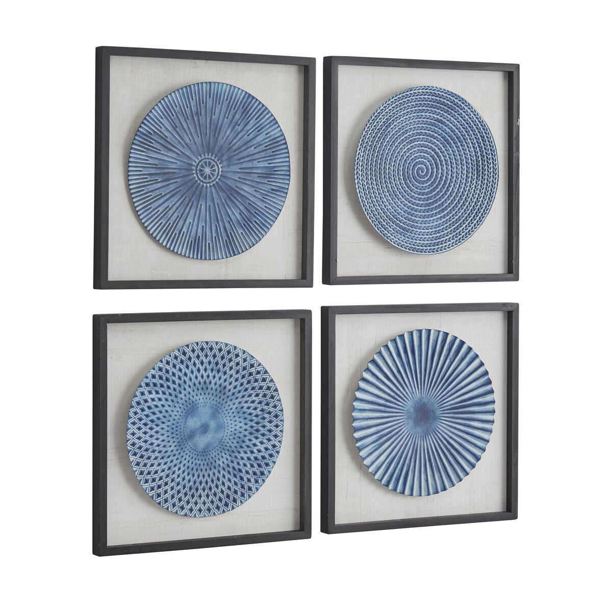 Wood Starburst Radial Plates Living Room Wall Decor with Black Frame - Set of 4 Blue - Roche River Decor