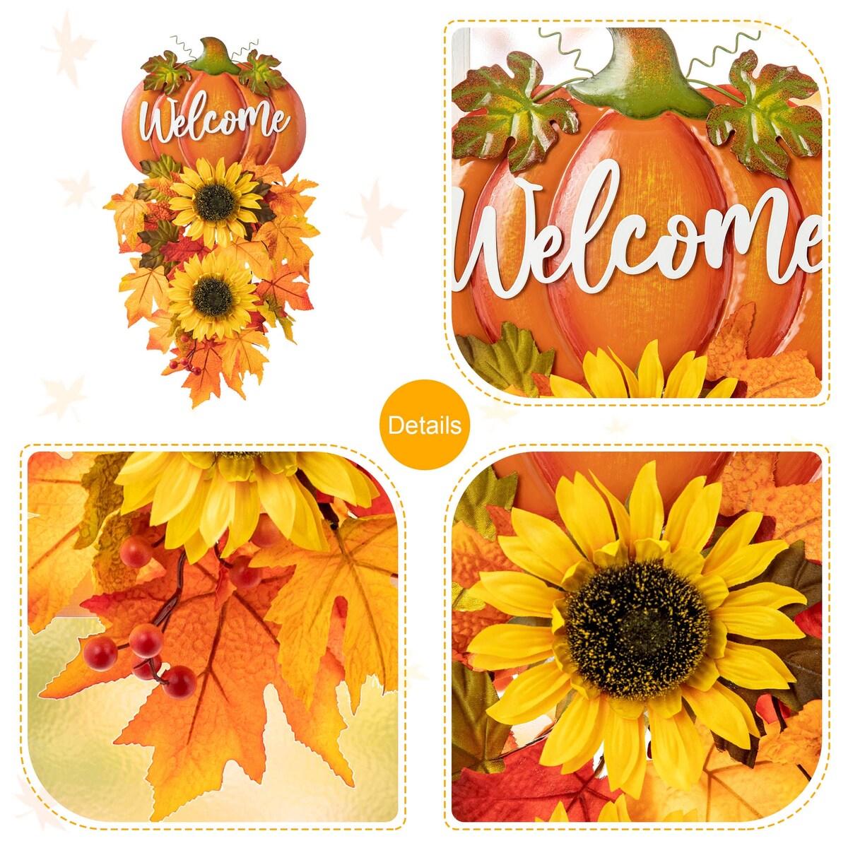 Glitzhome 22.5H Fall Metal Welcome Pumpkin & Sunflower Swag Thanksgiving Wall Decor