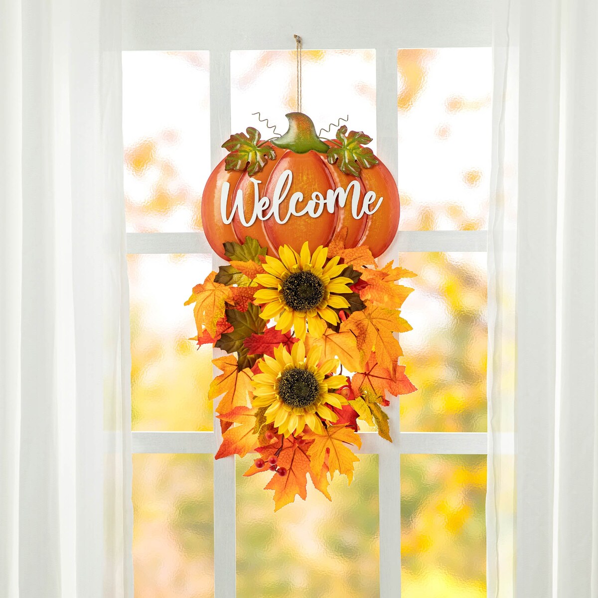 Glitzhome 22.5H Fall Metal Welcome Pumpkin & Sunflower Swag Thanksgiving Wall Decor