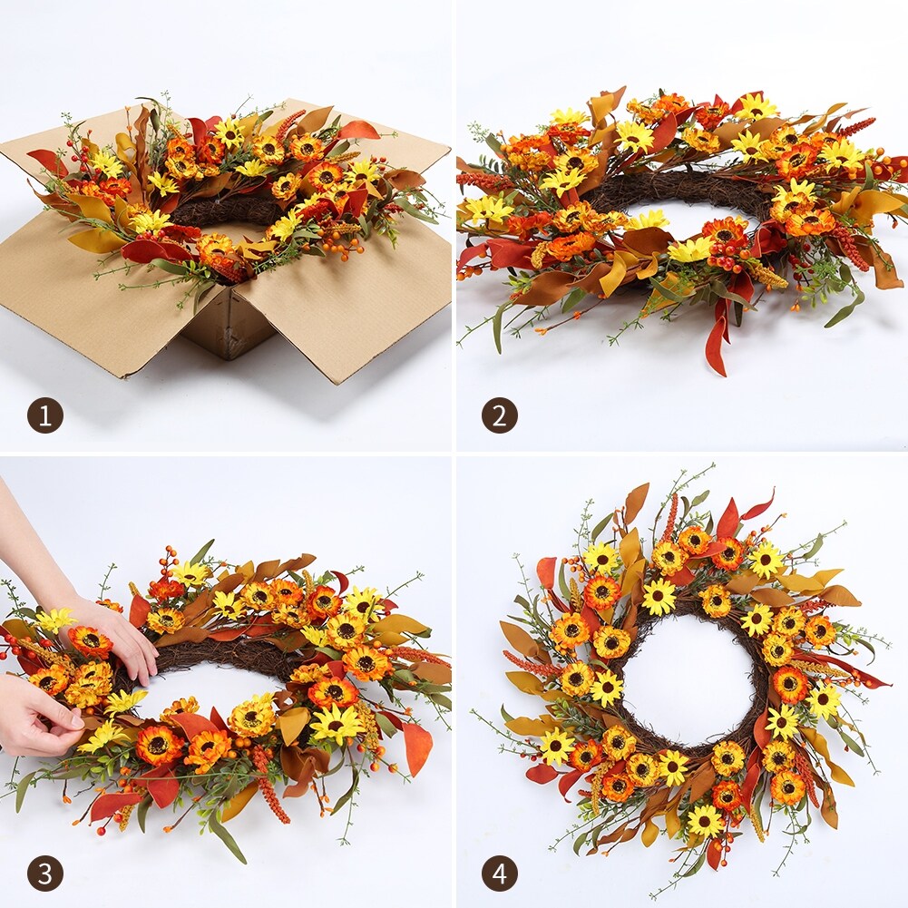 20 Artificial Fall Wreath for Front Door,Orange Daisy Autumn Wreath with Colorful Wildflowers and Autumn Foliage