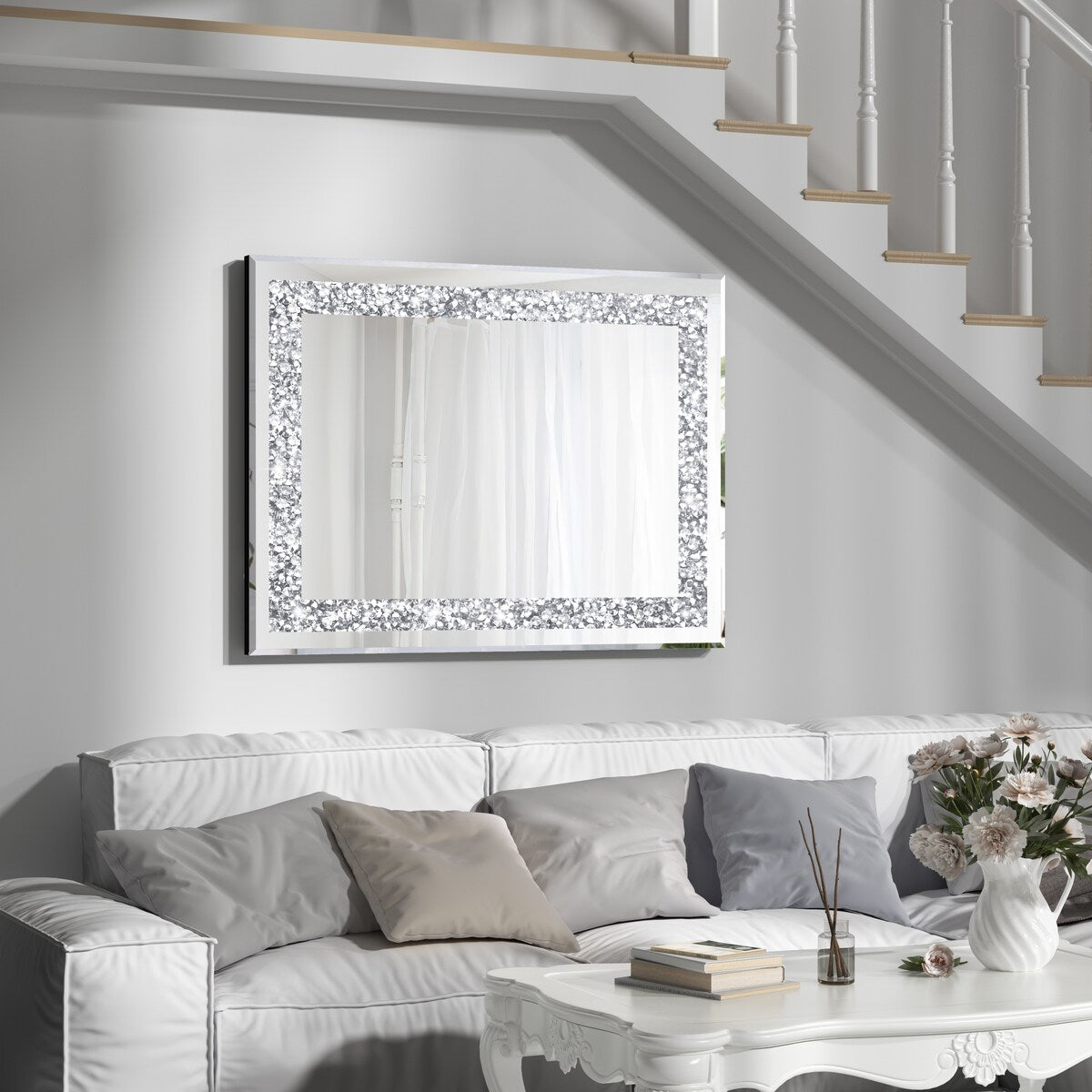 KOHROS Silver Rectangle Crystal Decorative Wall Mirror