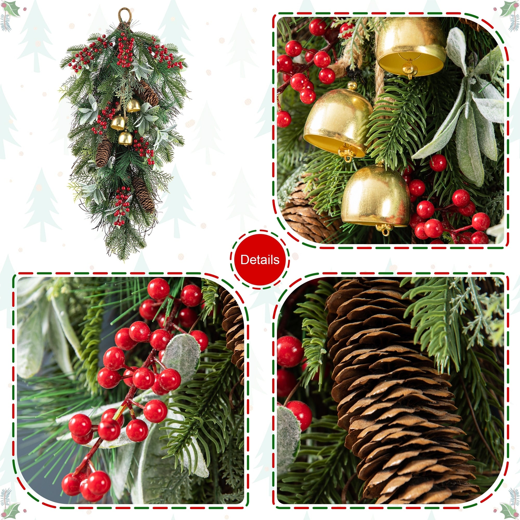 Glitzhome Christmas Berry Pinecone & Bell Teardrop Wreath Door Hanging Decor