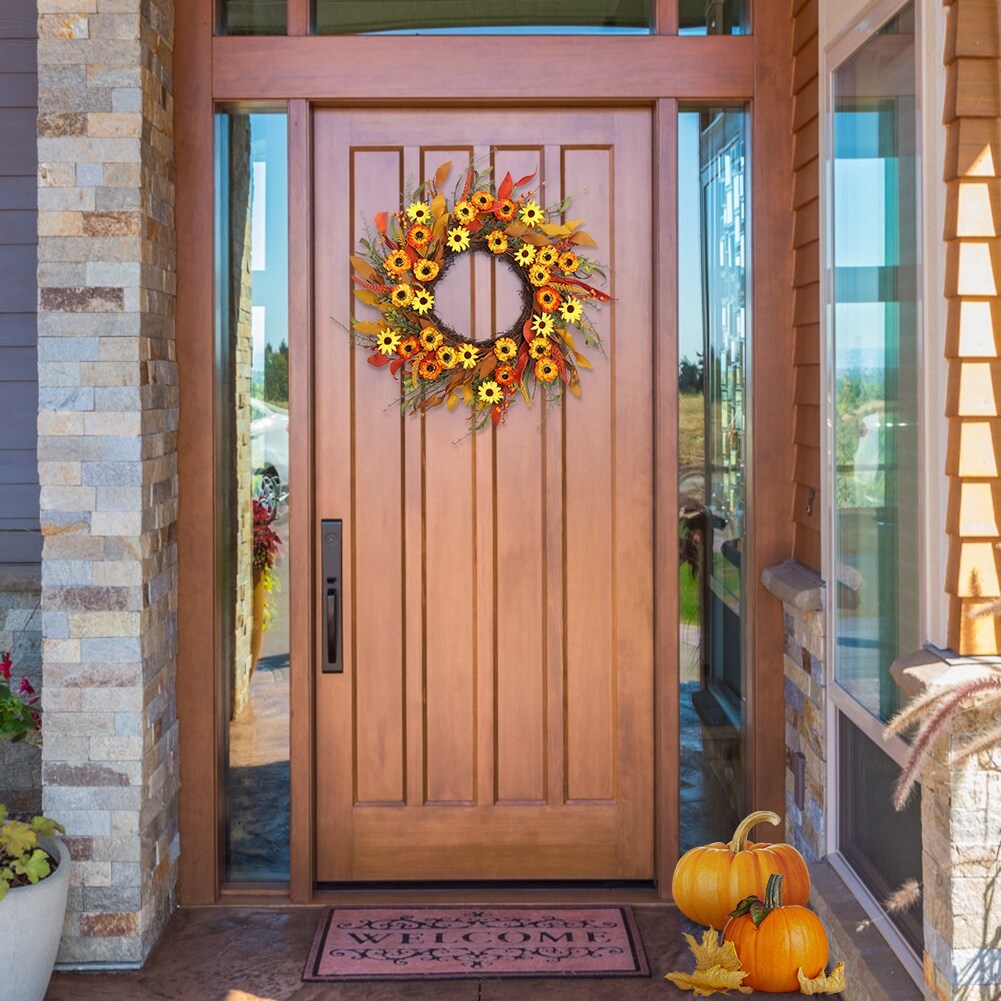 20 Artificial Fall Wreath for Front Door,Orange Daisy Autumn Wreath with Colorful Wildflowers and Autumn Foliage