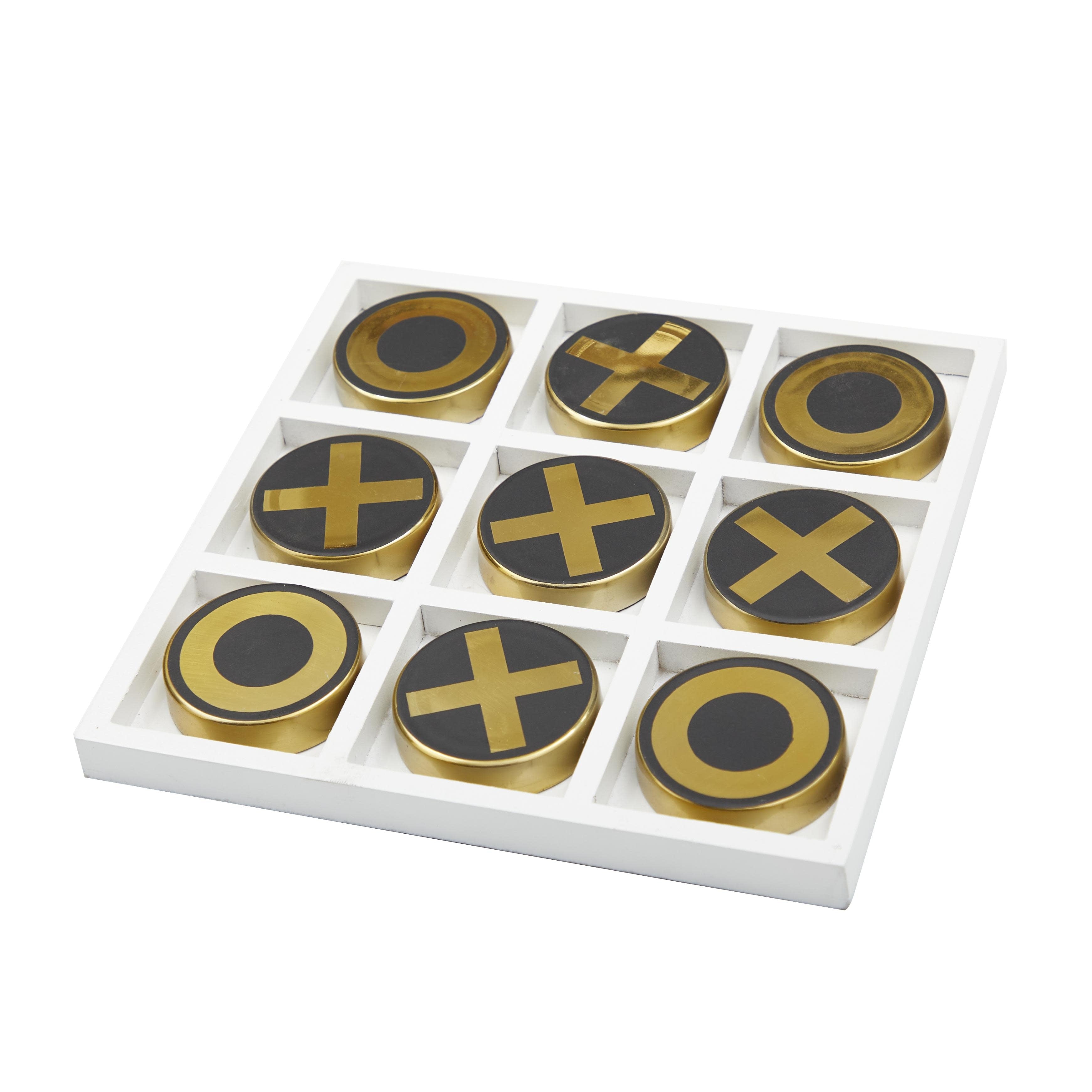 Wooden Tic Tac Toe Block Game Set with Steel or Light Wood Pieces - Black, Dark Brown, Gold - The Novogratz