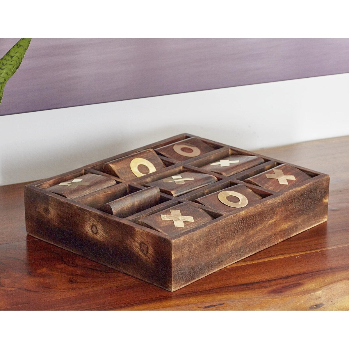 Mango Wood Tic Tac Toe Game Set with Gold Inlay - Dark Brown - Roche River Decor