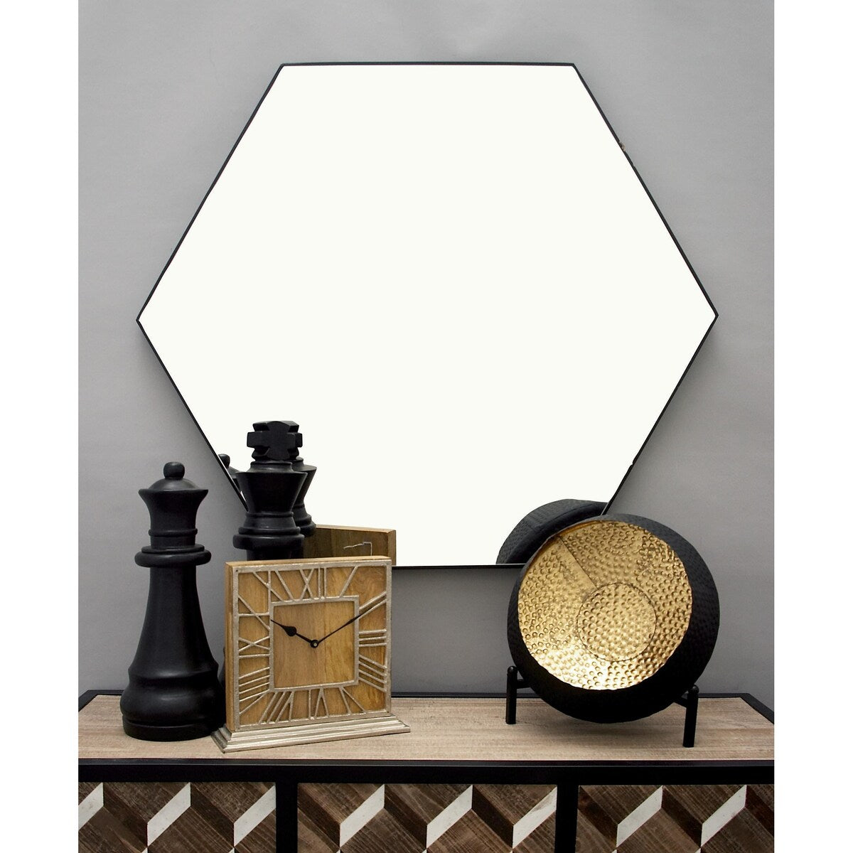 Wooden Hexagon Room Wall Mirror with Thin Minimalistic Frame - Black or Gold - CosmoLiving by Cosmopolitan