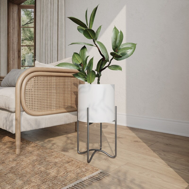 Raya White Mid-Century Modern Indoor Metal Pot Planter with Tall Metal Base